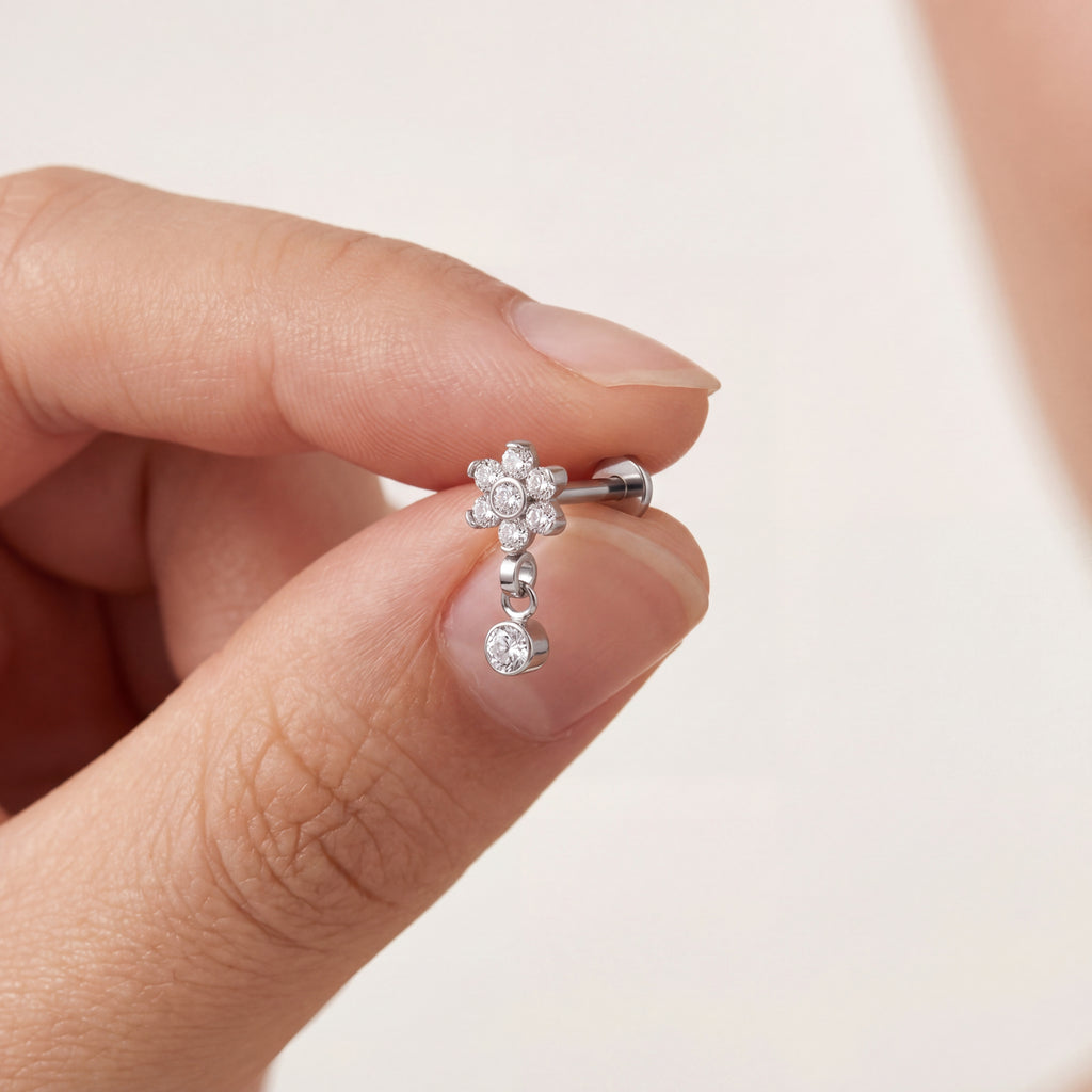 Four-Petal Crystal Drop Titanium Flat Back Earring - image 4