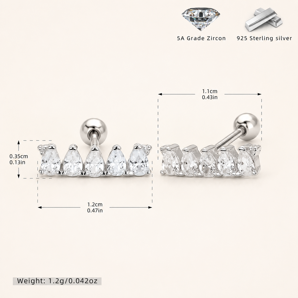 Sterling Silver Marquise Zirconia Bar Flat Back Earrings - Platinum