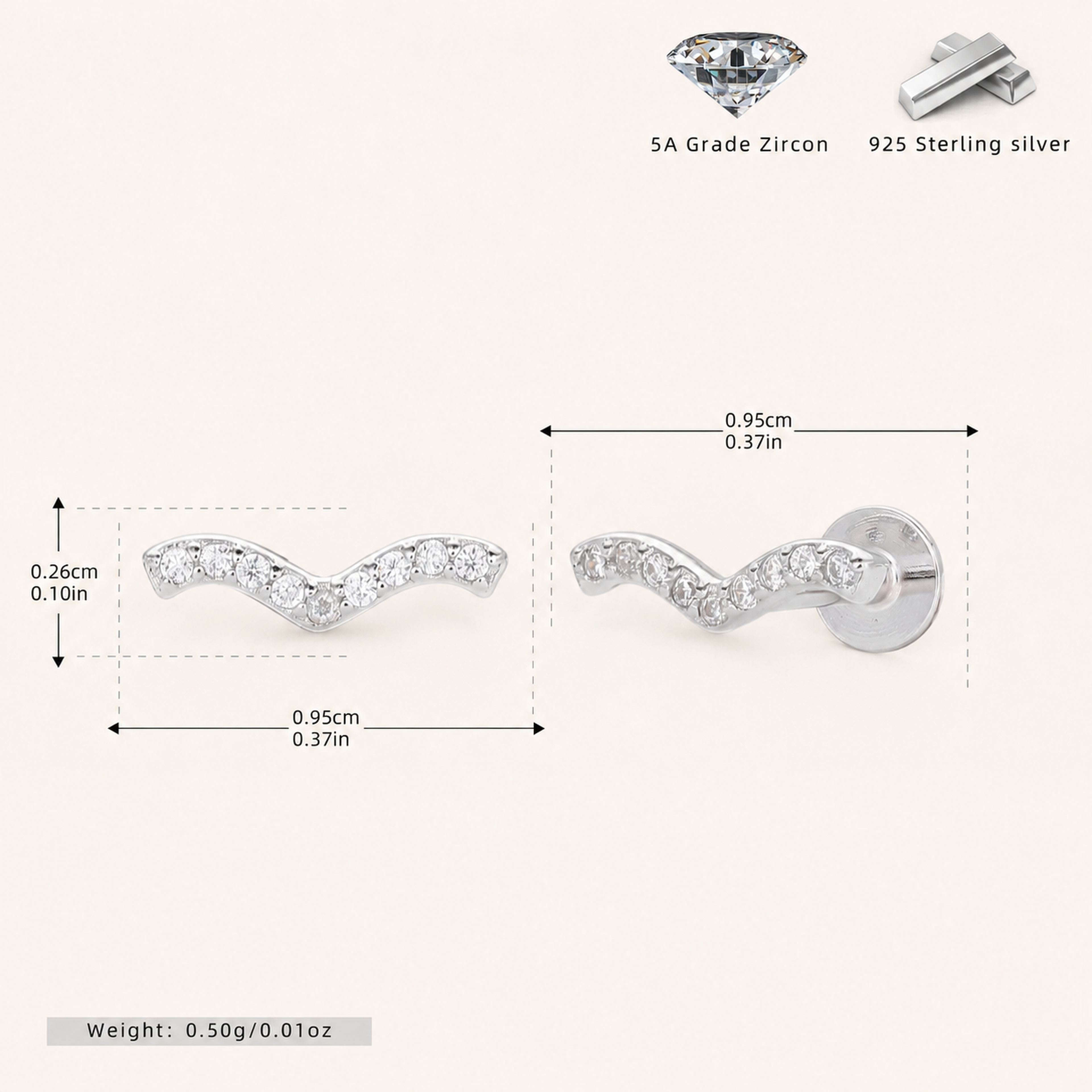 Sterling Silver Spiral Zirconia Cartilage Flat Back Earrings - Platinum