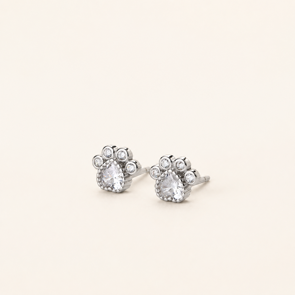Sterling Silver Cat Paw Zirconia Flower Stud Earrings detail view