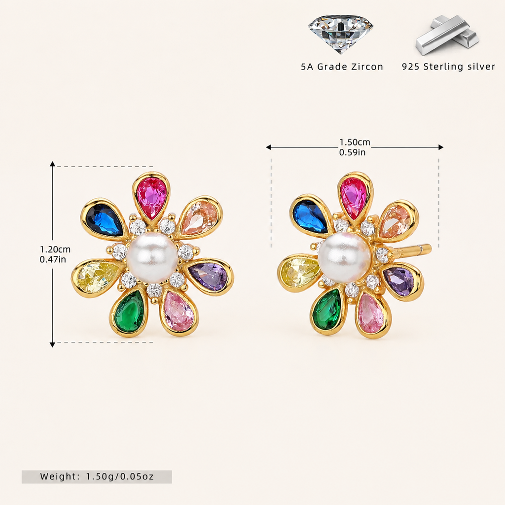 Sterling Silver Flower Pearl Stud Earrings - Gold