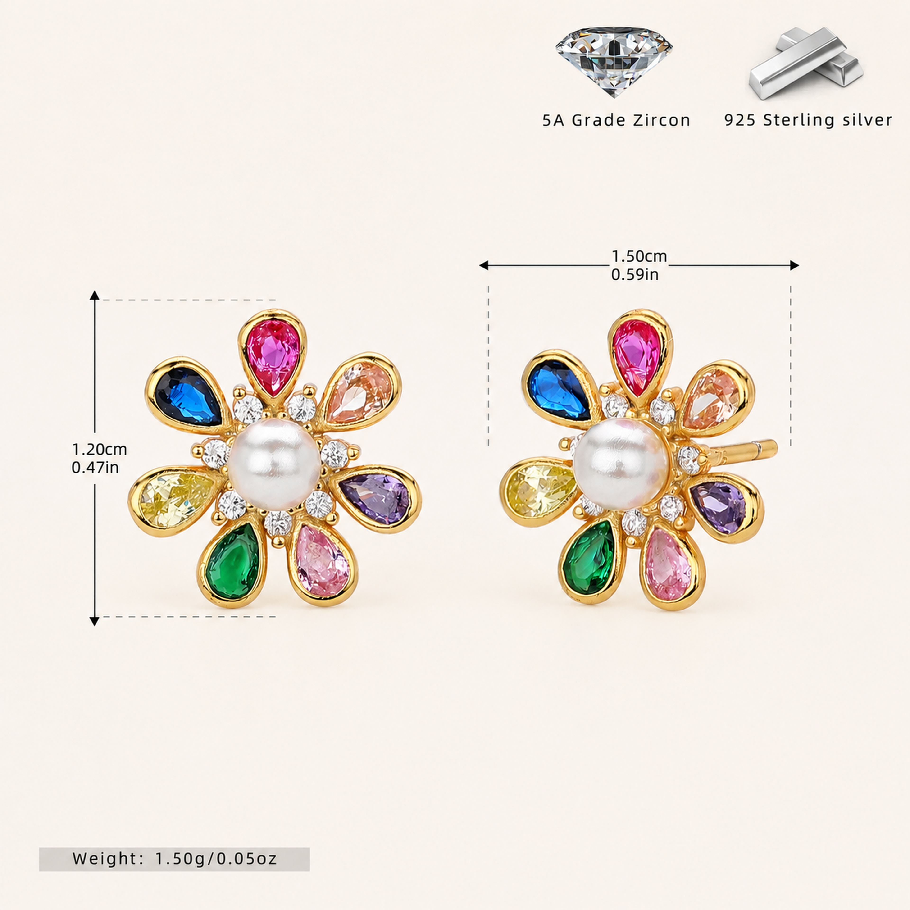 Sterling Silver Flower Pearl Stud Earrings - Gold