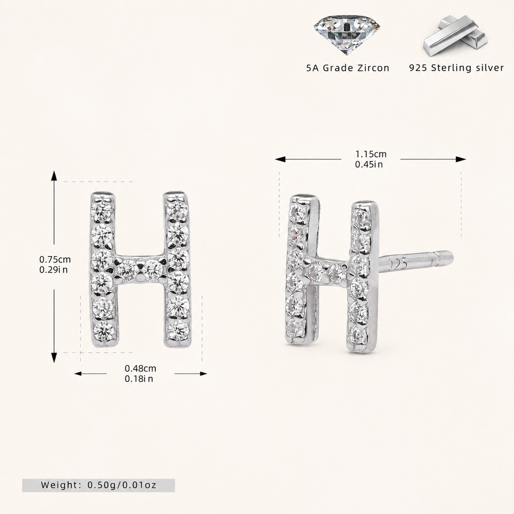 Sterling Silver Pave Initial Letter Stud Earrings - Platinum / H
