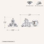 Sterling Silver Three-Stone Zirconia Cartilage Flat Back Earrings - Platinum