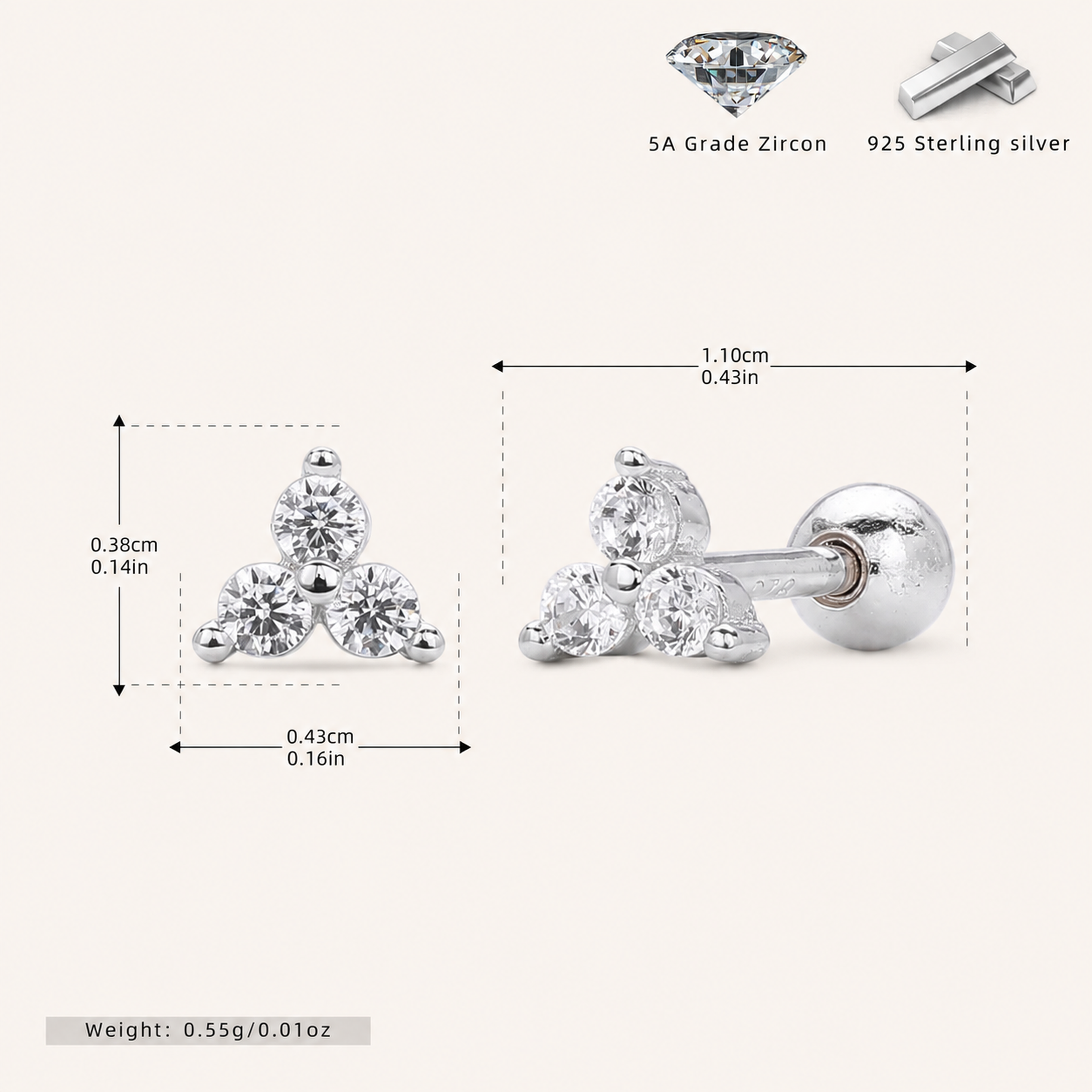 Sterling Silver Three-Stone Zirconia Cartilage Flat Back Earrings - Platinum