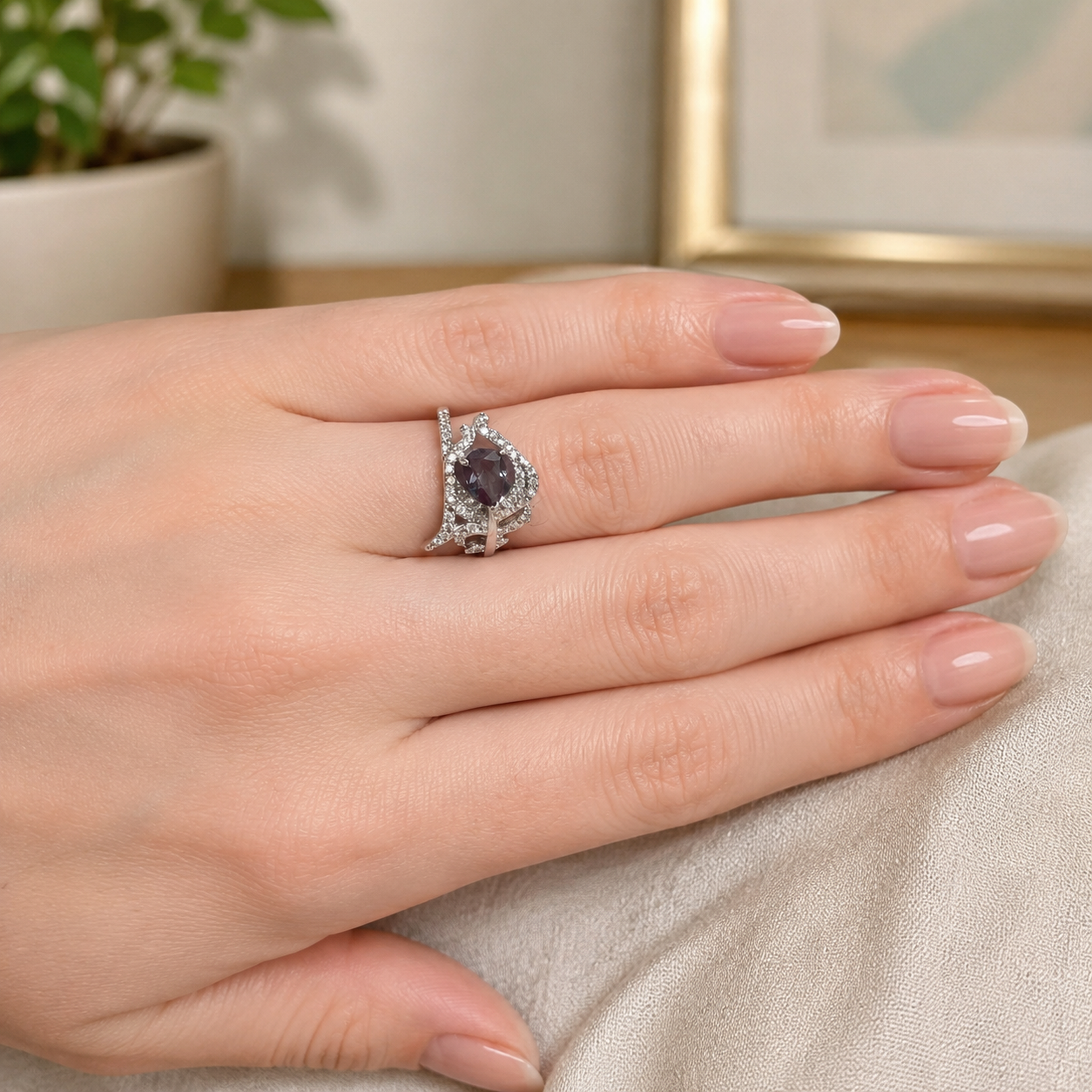 Starlit Crescent Lab-Grown Alexandrite Ring worn on hand
