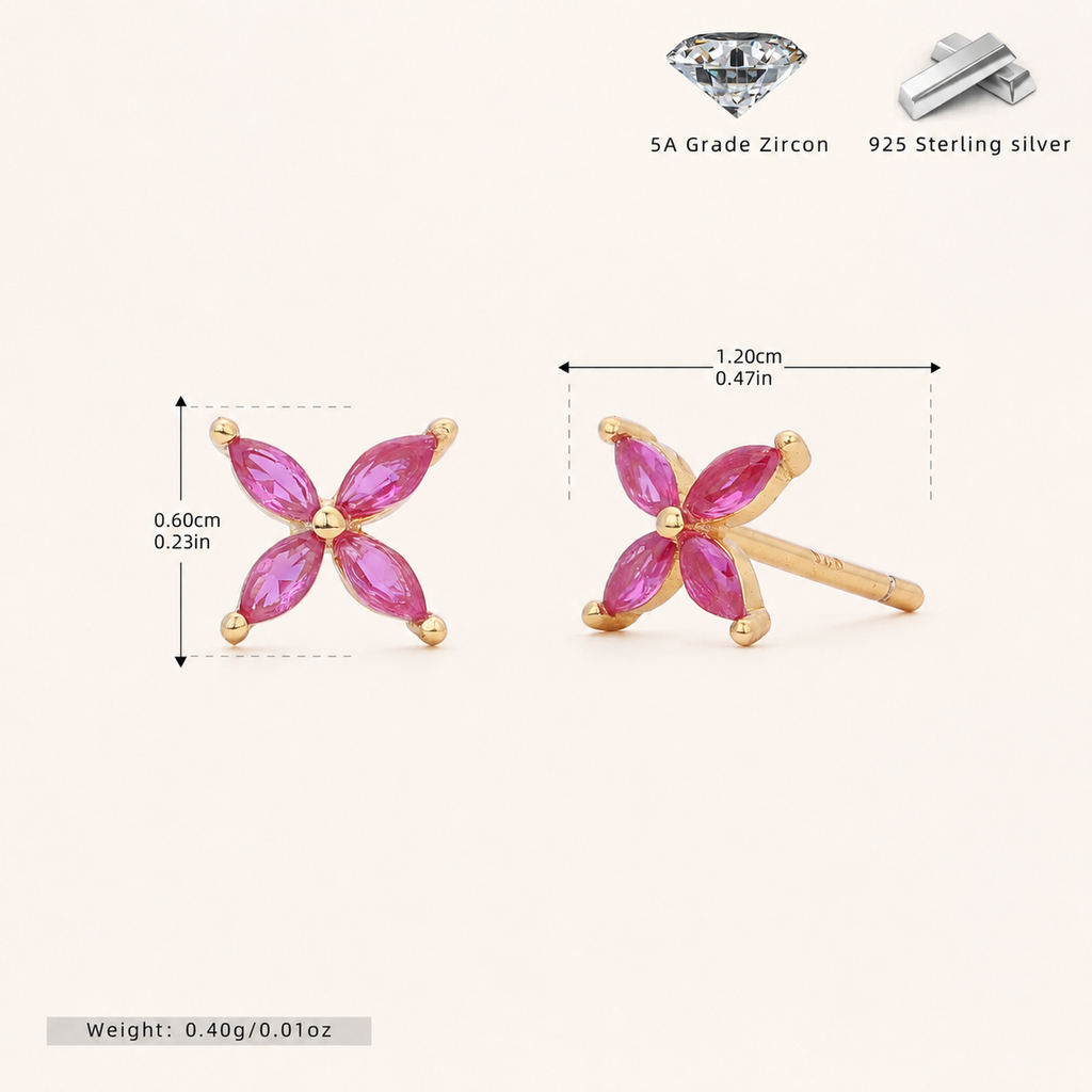 Sterling Silver Marquise Zirconia Flower Stud Earrings - Gold / Red Corundum
