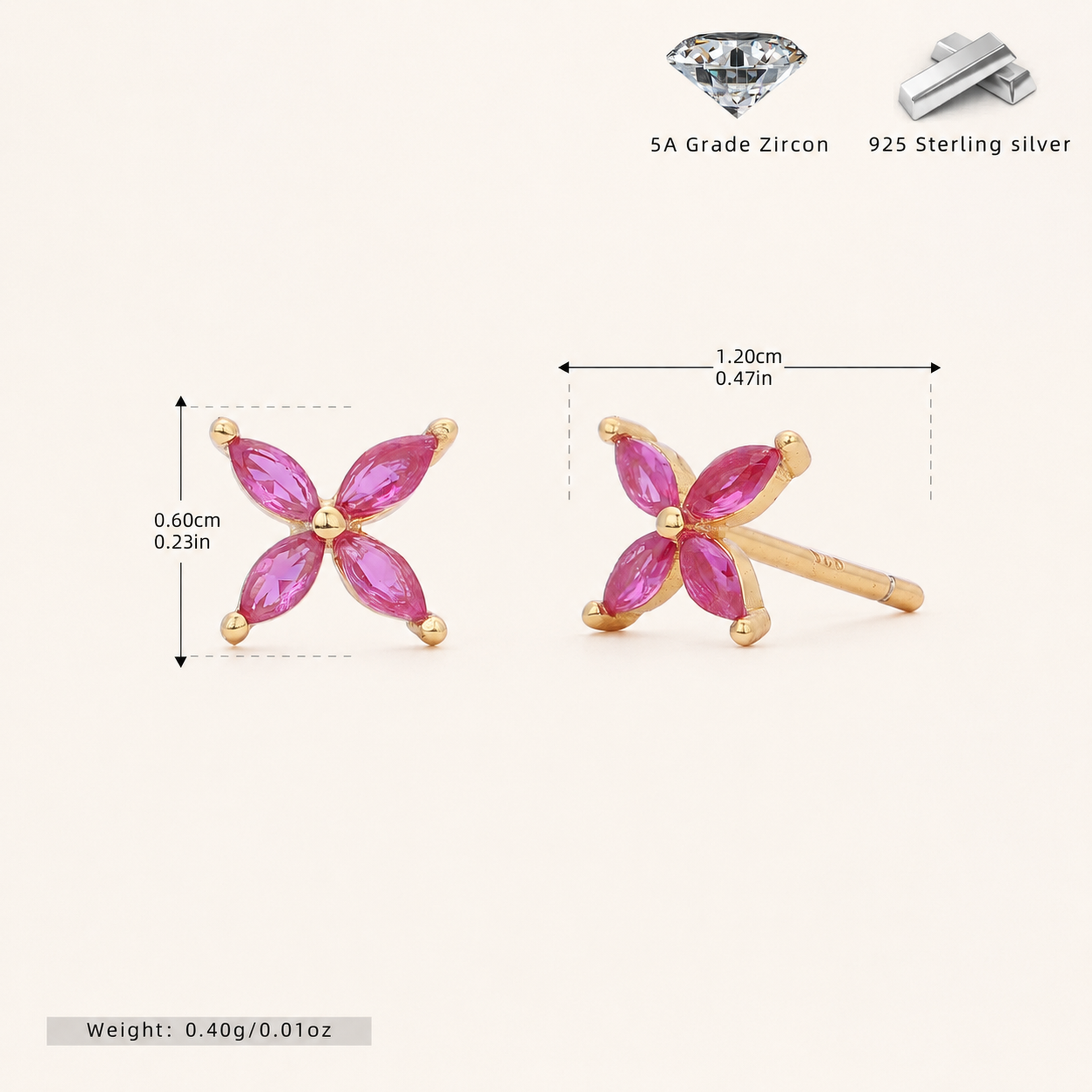 Sterling Silver Marquise Zirconia Flower Stud Earrings - Gold / Red Corundum