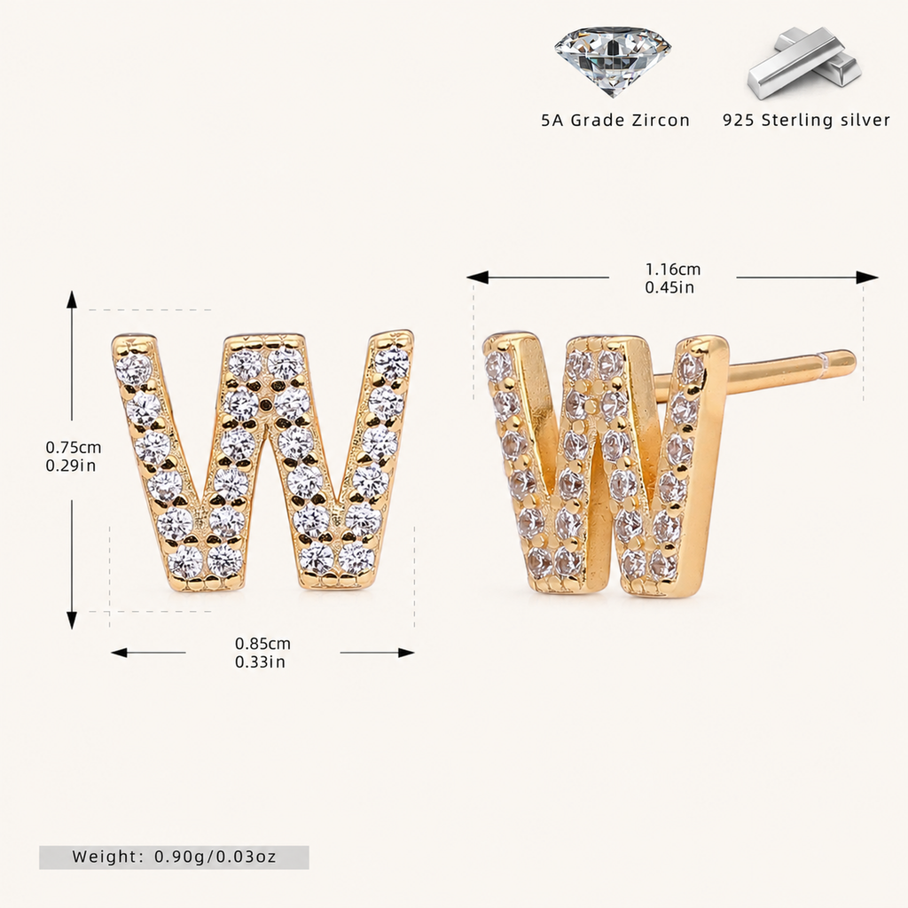 Sterling Silver Pave Initial Letter Stud Earrings - Gold / W