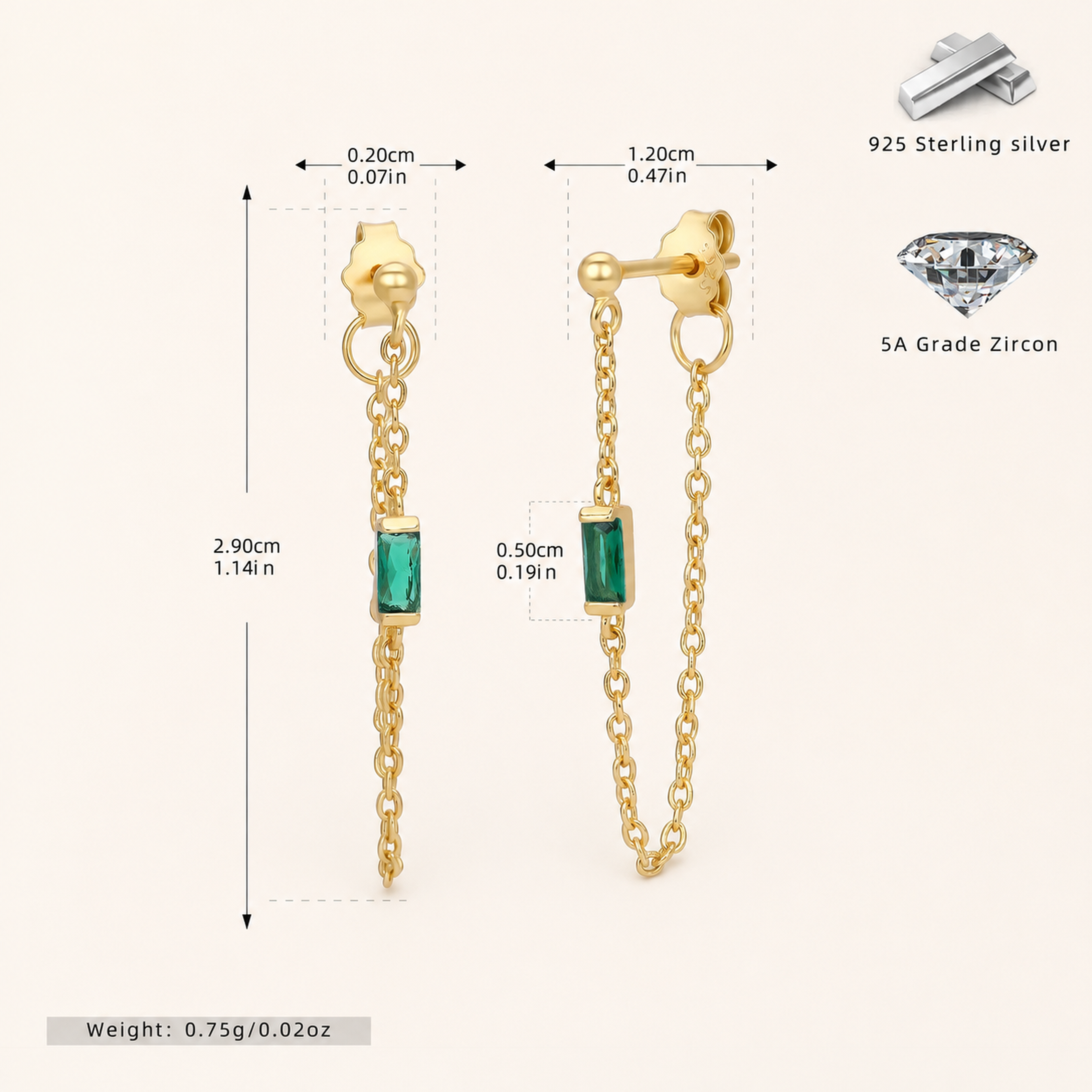Sterling Silver Multicolor Zirconia Chain Drop Stud Earrings - Gold / Green