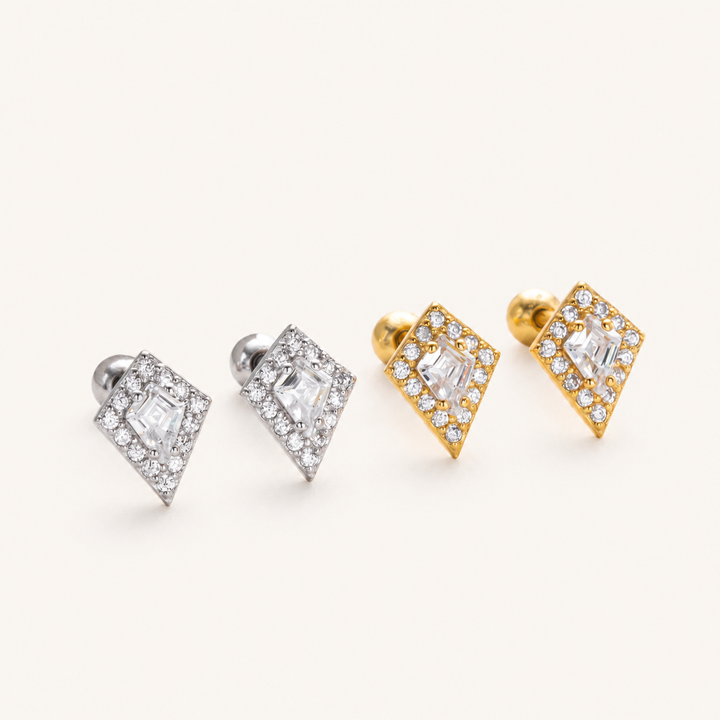 Sterling Silver Rhombus Zirconia Flat Back Earrings detail