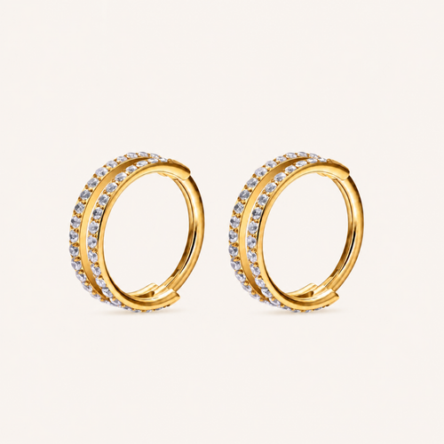 Double Row Crystal Titanium Hoop Earrings - Gold