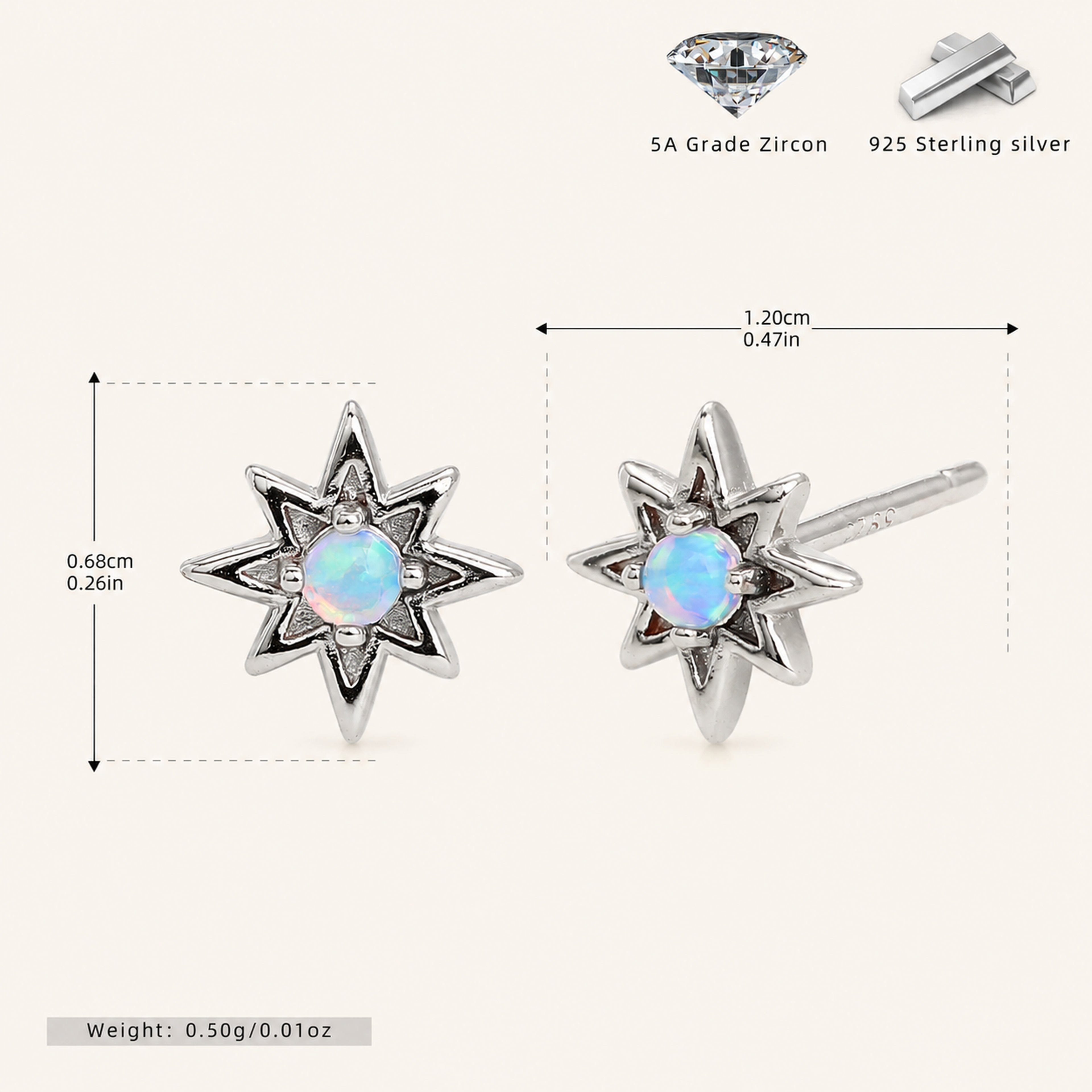 Sterling Silver Opal Eight-Point Star Stud Earrings - Platinum / White