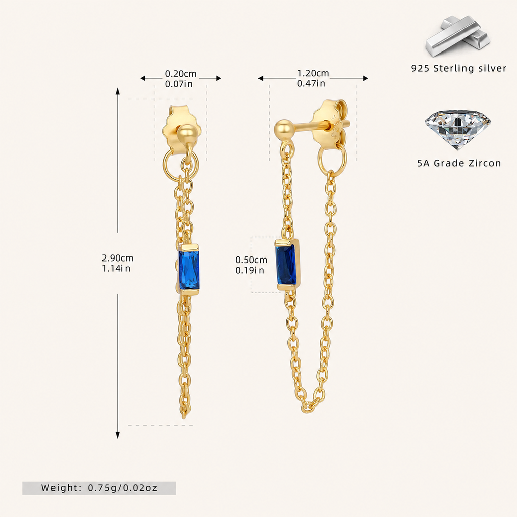 Sterling Silver Multicolor Zirconia Chain Drop Stud Earrings - Gold / Turquoise