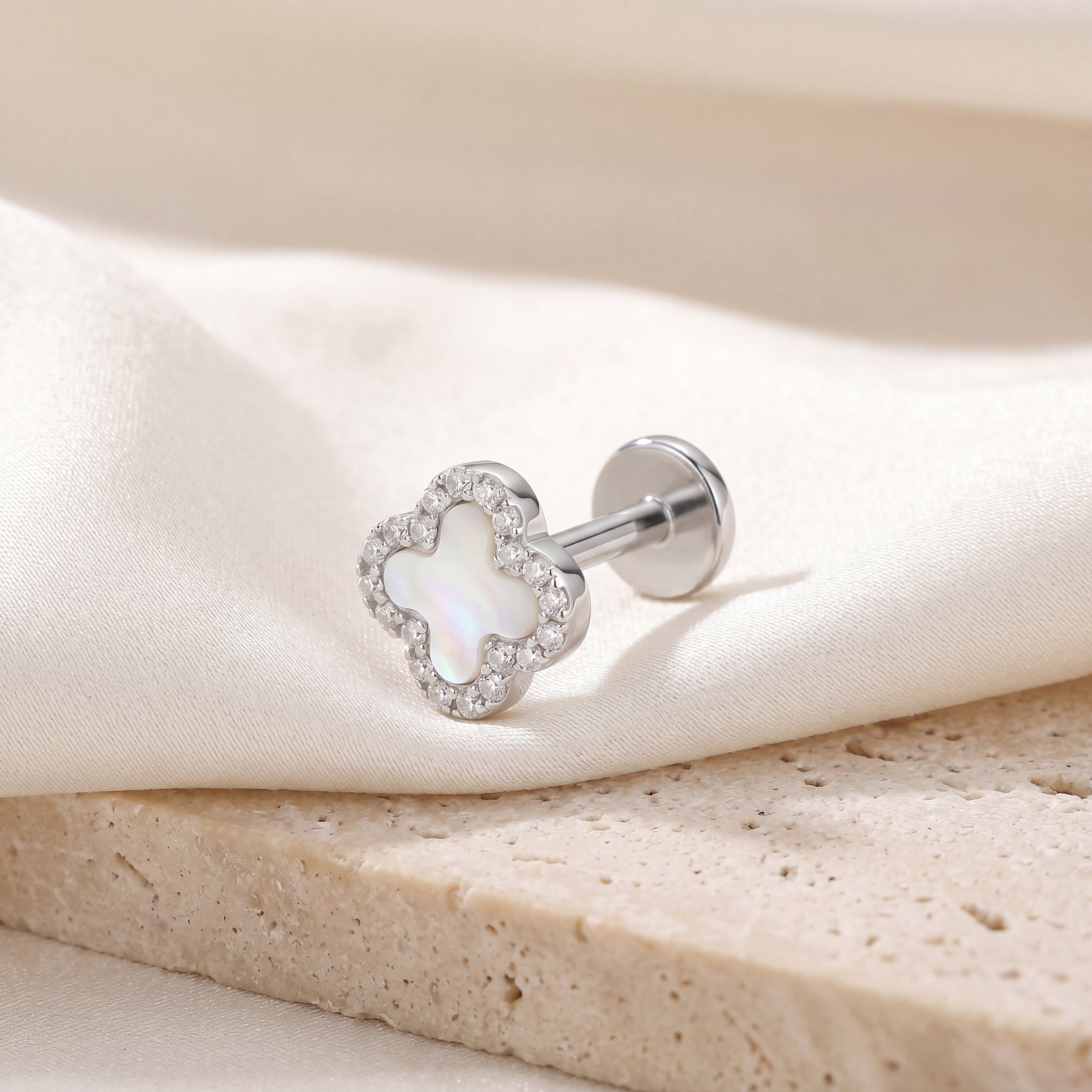 White Shell Clover Titanium Flat Back Earring - image 5