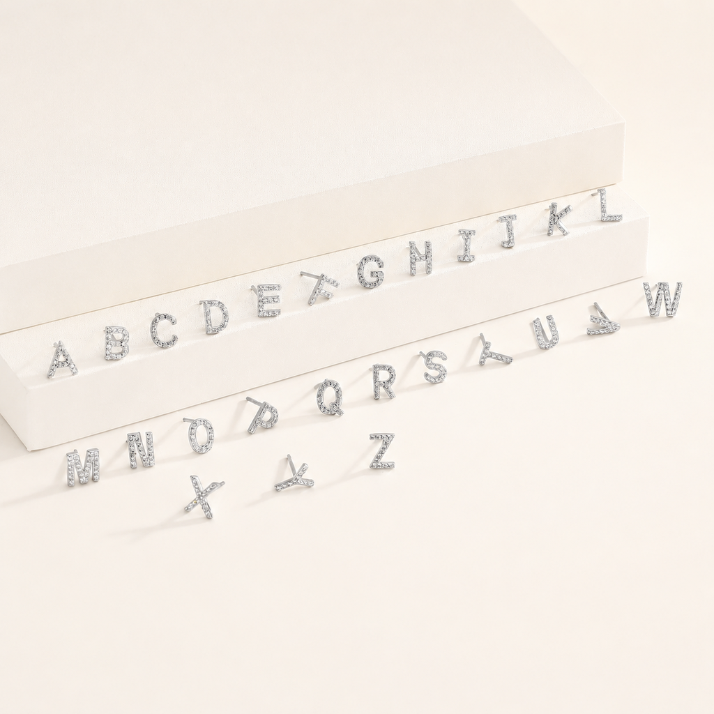 Sterling Silver Pave Initial Letter Stud Earrings detail view