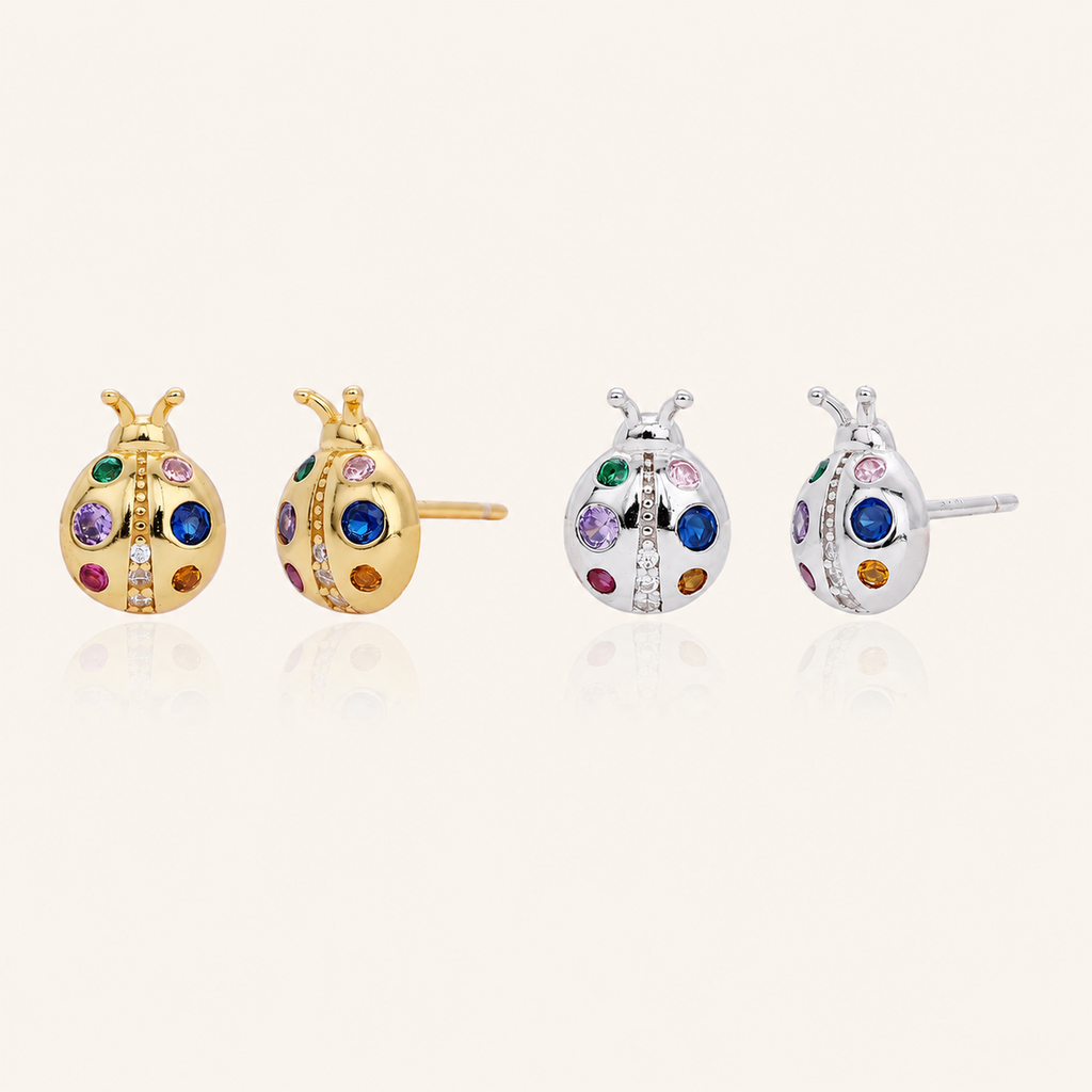 Sterling Silver Color Zirconia Ladybug Stud Earrings