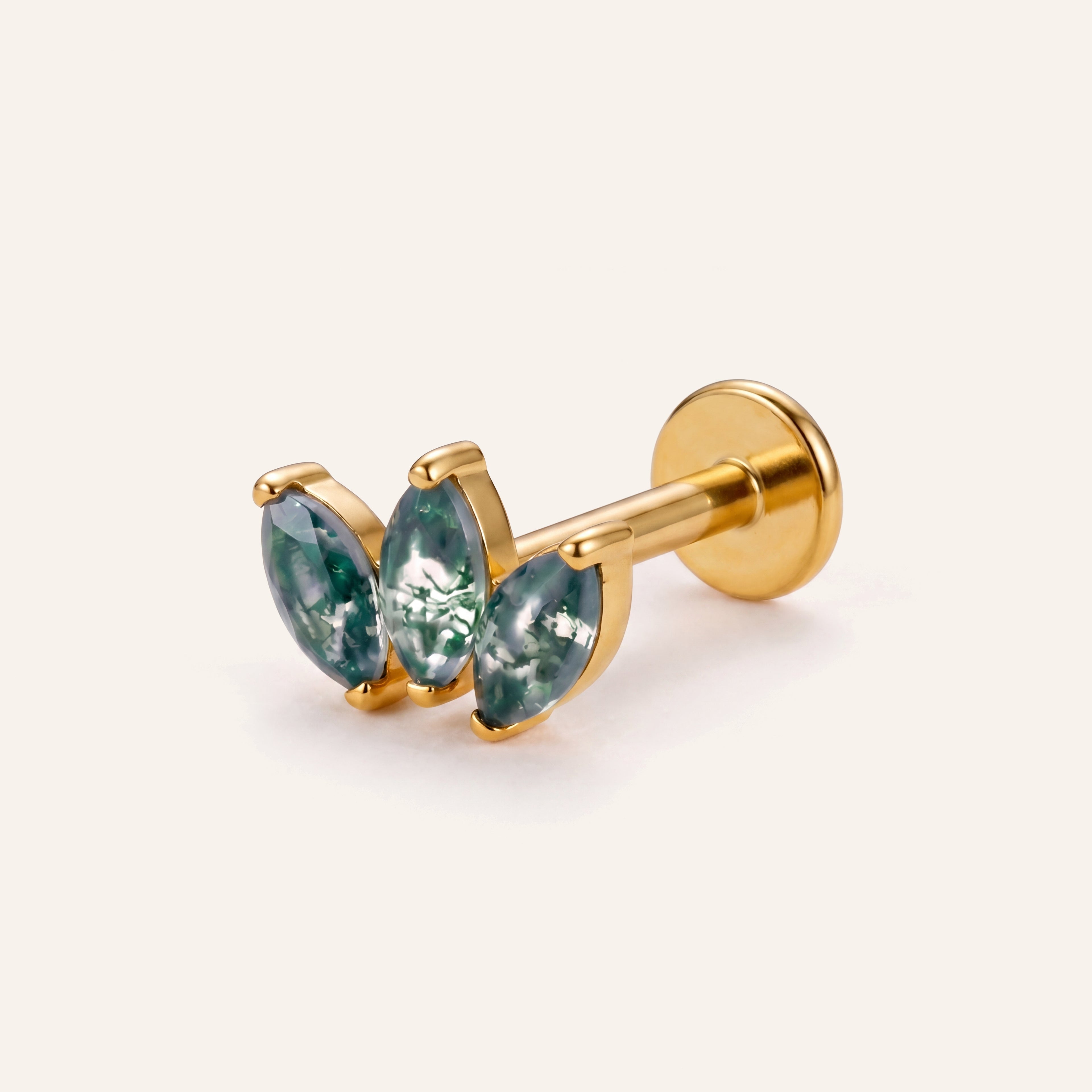 Moss Agate Leaf Cluster Titanium Flat Back Earring - Gold