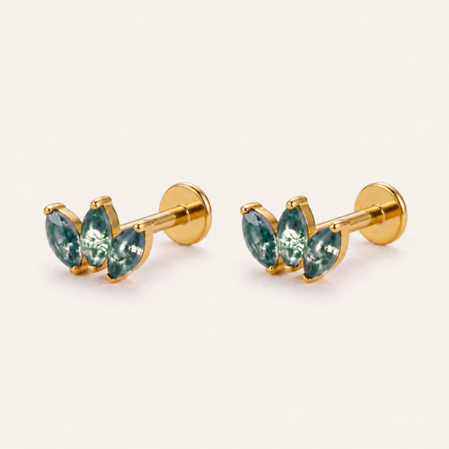 Moss Agate Leaf Cluster Titanium Flat Back Earring - Gold