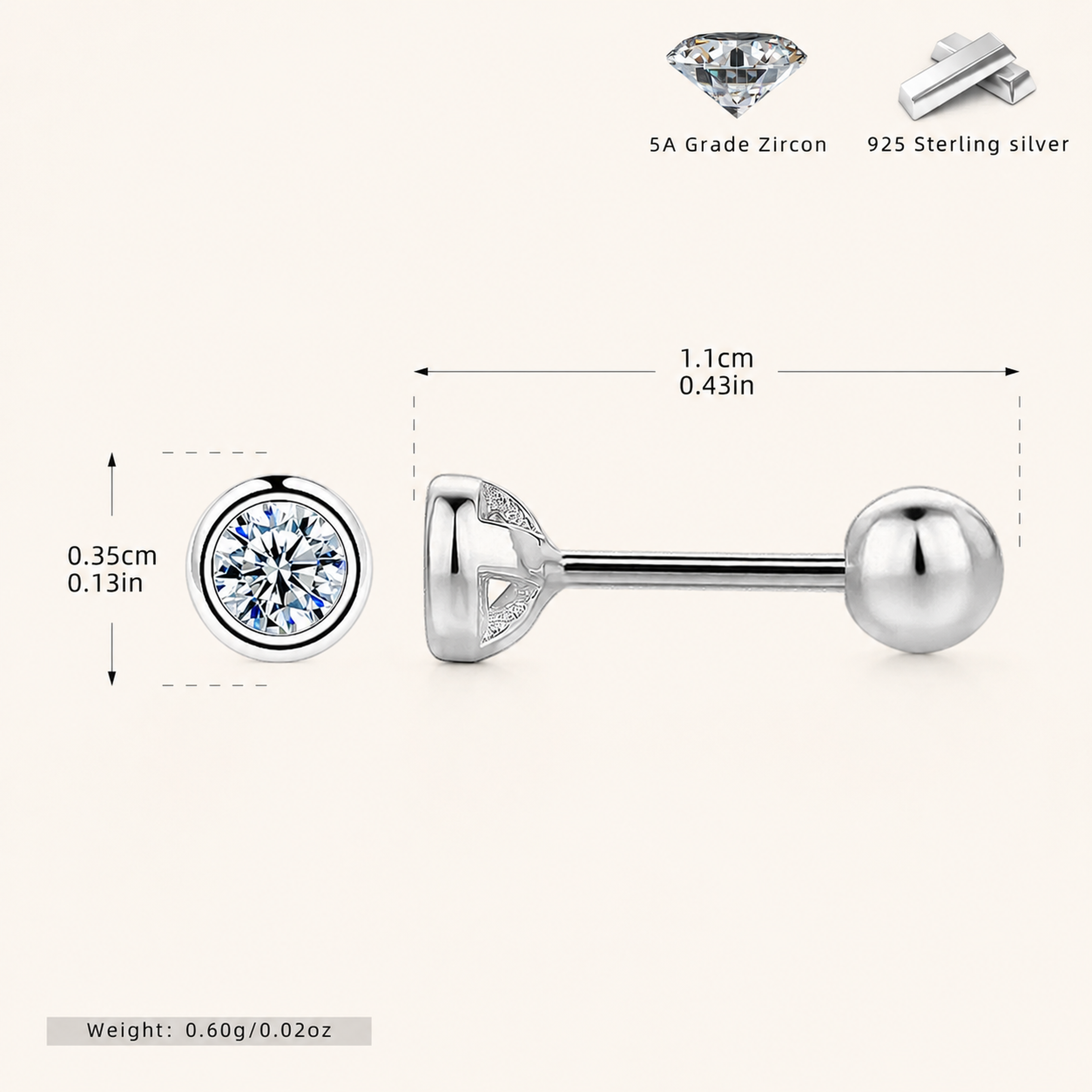 Sterling Silver Bezel-Set Zirconia Flat Back Earrings - Platinum / 2.5mm