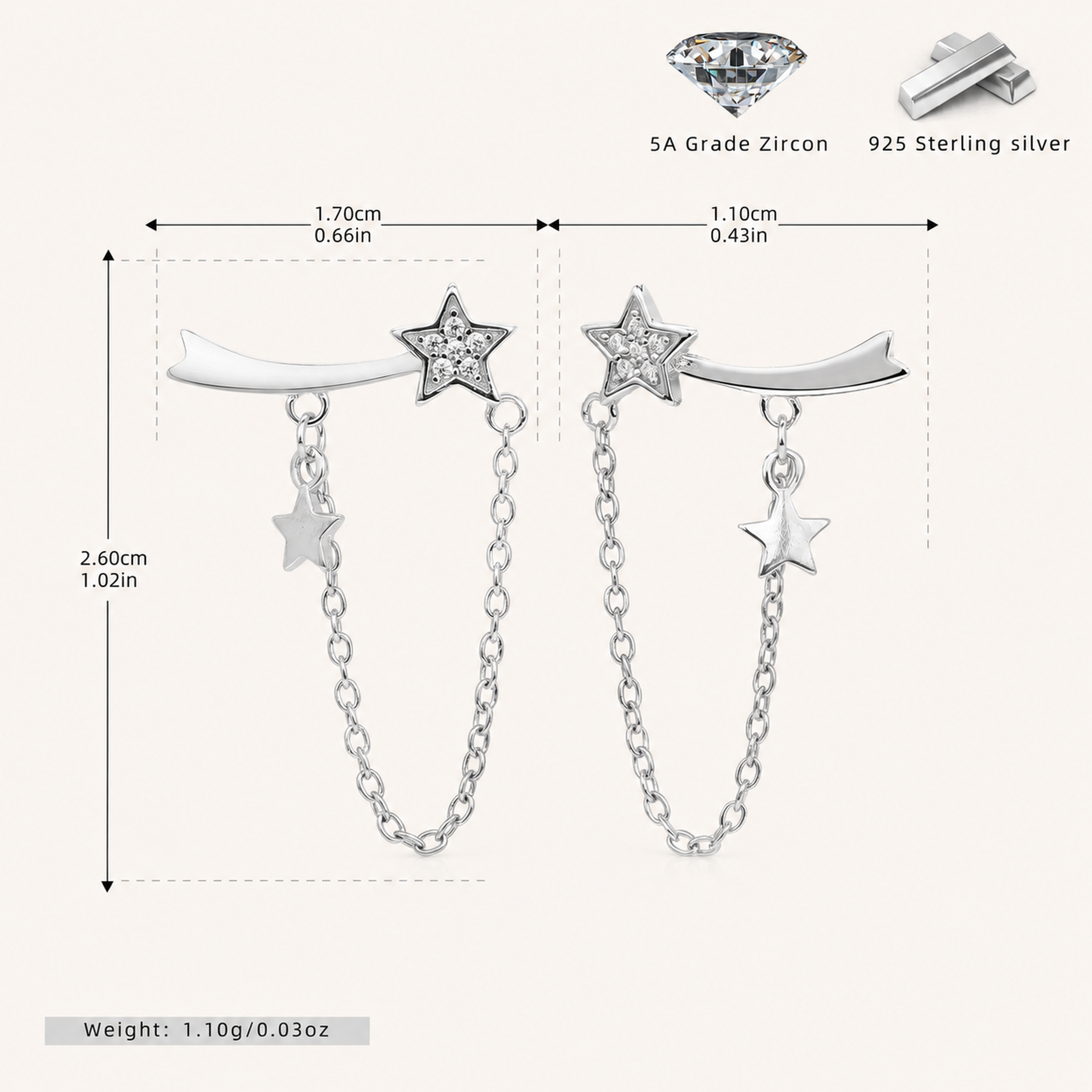 Sterling Silver Star Zirconia Chain Drop Stud Earrings - Platinum