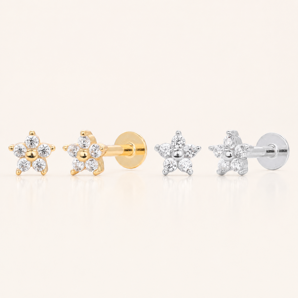 Sterling Silver Five-Point Star Zirconia Flower Flat Back Earrings
