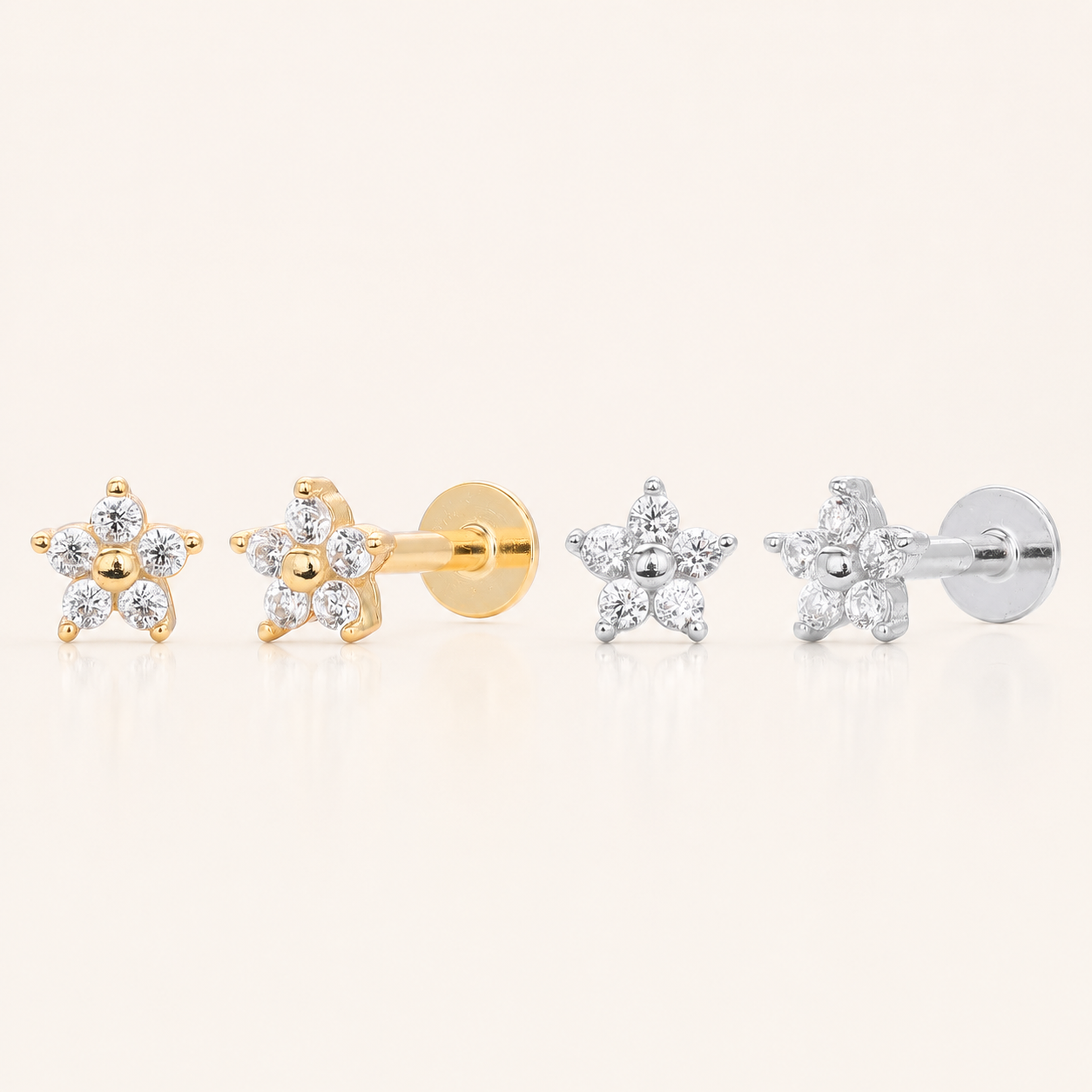 Sterling Silver Five-Point Star Zirconia Flower Flat Back Earrings