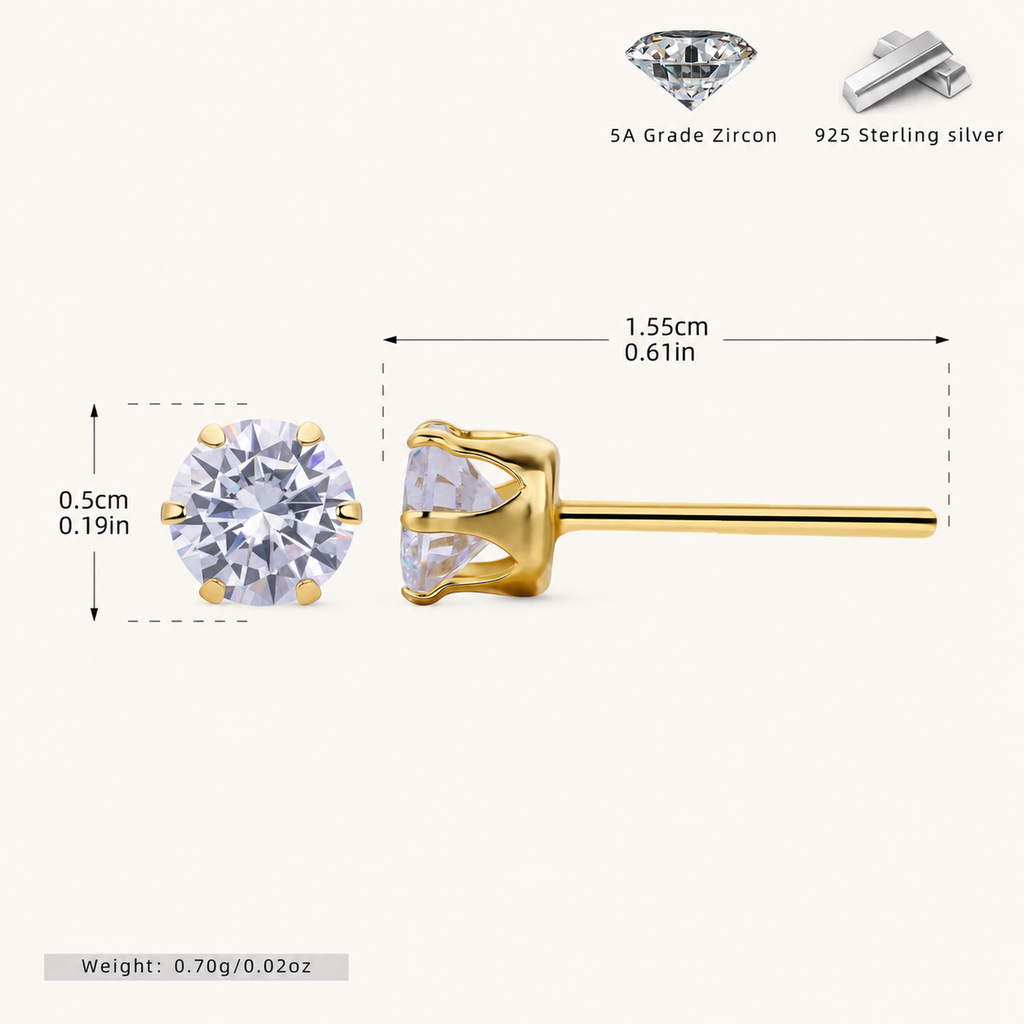 Sterling Silver Six-Prong Zirconia Stud Earrings - Gold / 5mm