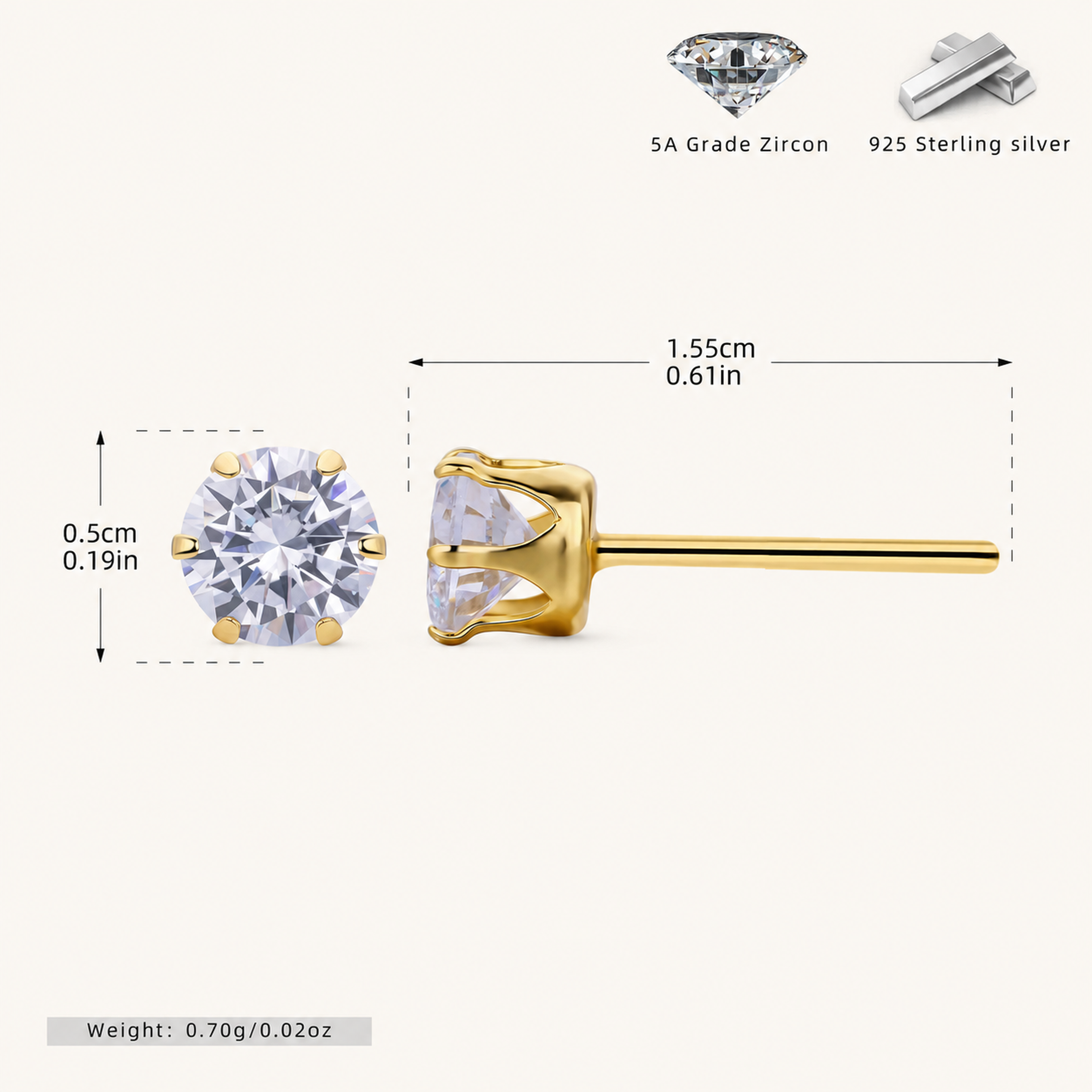 Sterling Silver Six-Prong Zirconia Stud Earrings - Gold / 5mm