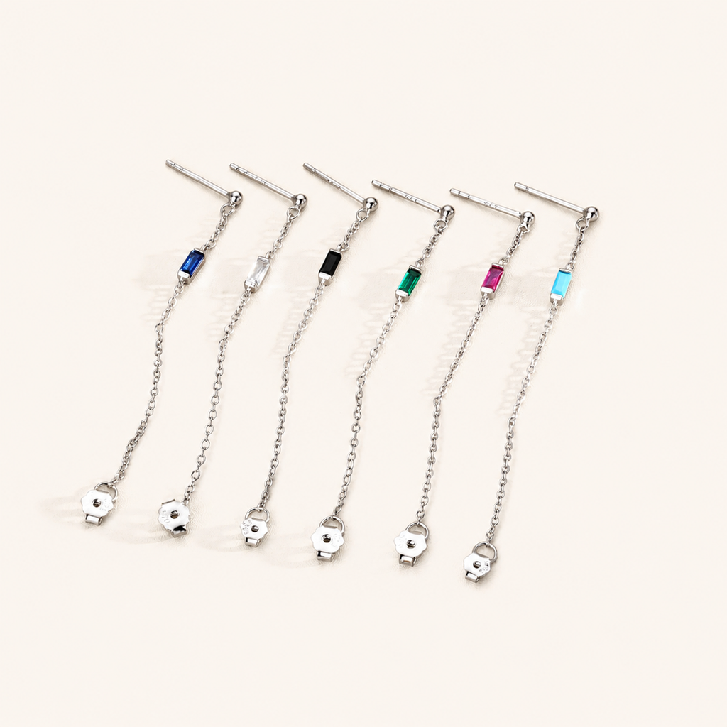 Sterling Silver Multicolor Zirconia Chain Drop Stud Earrings detail view