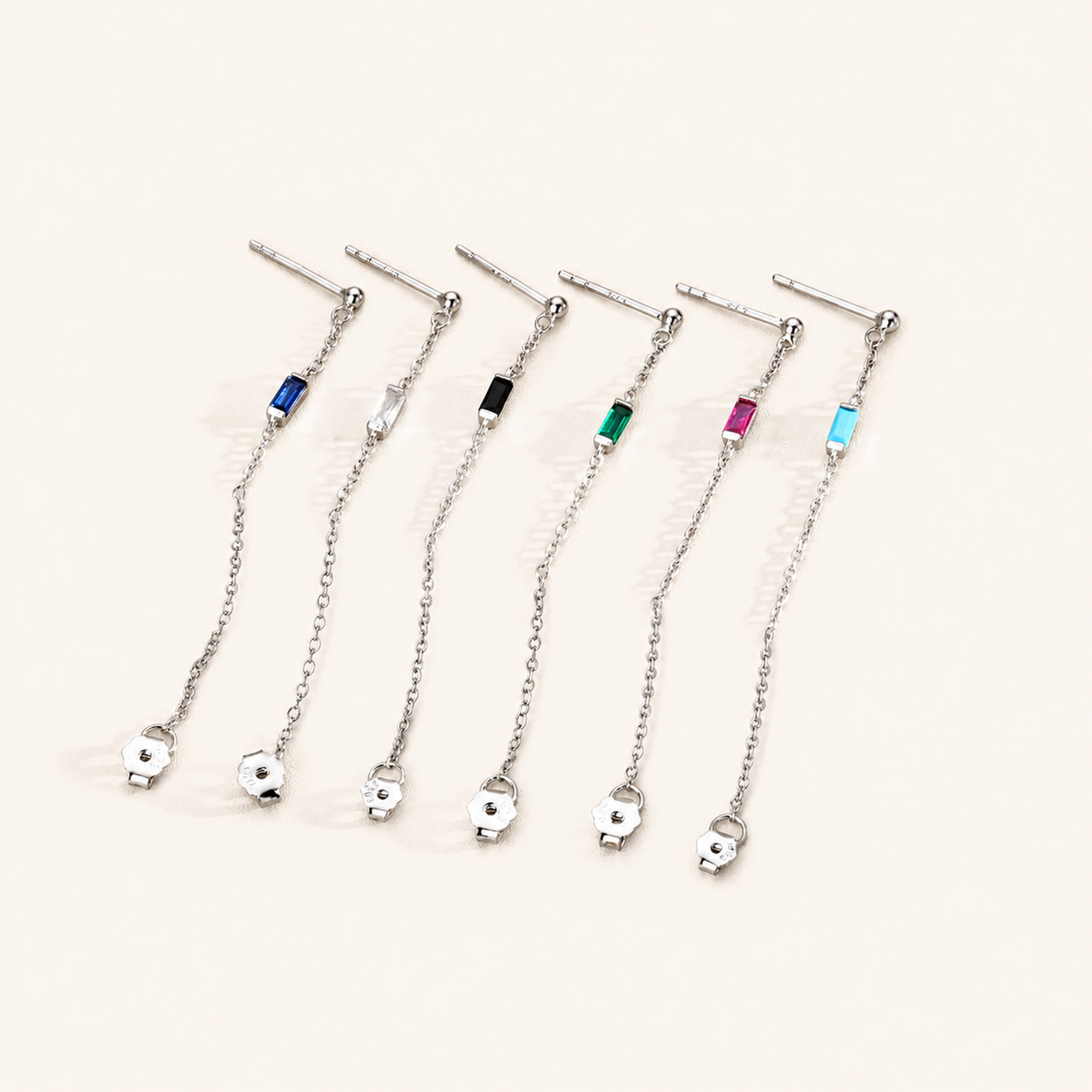 Sterling Silver Multicolor Zirconia Chain Drop Stud Earrings detail view