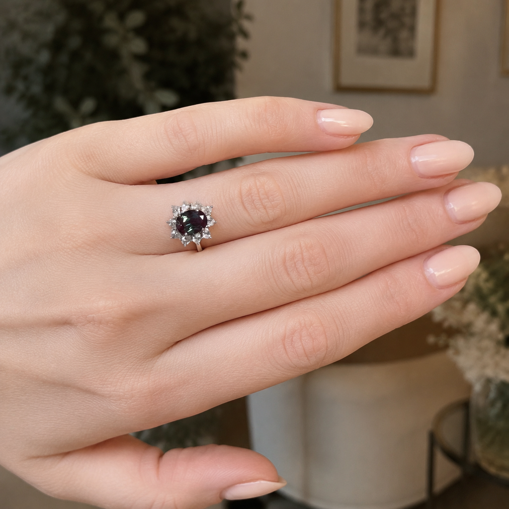 Petalburst Lab-Grown Alexandrite Ring worn on hand
