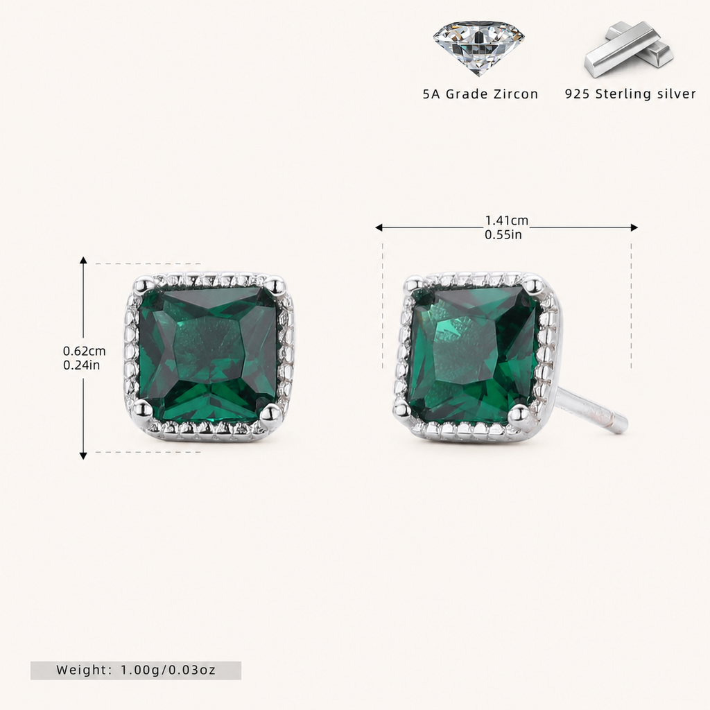 Sterling Silver Square Emerald-Green Zirconia Stud Earrings - Platinum