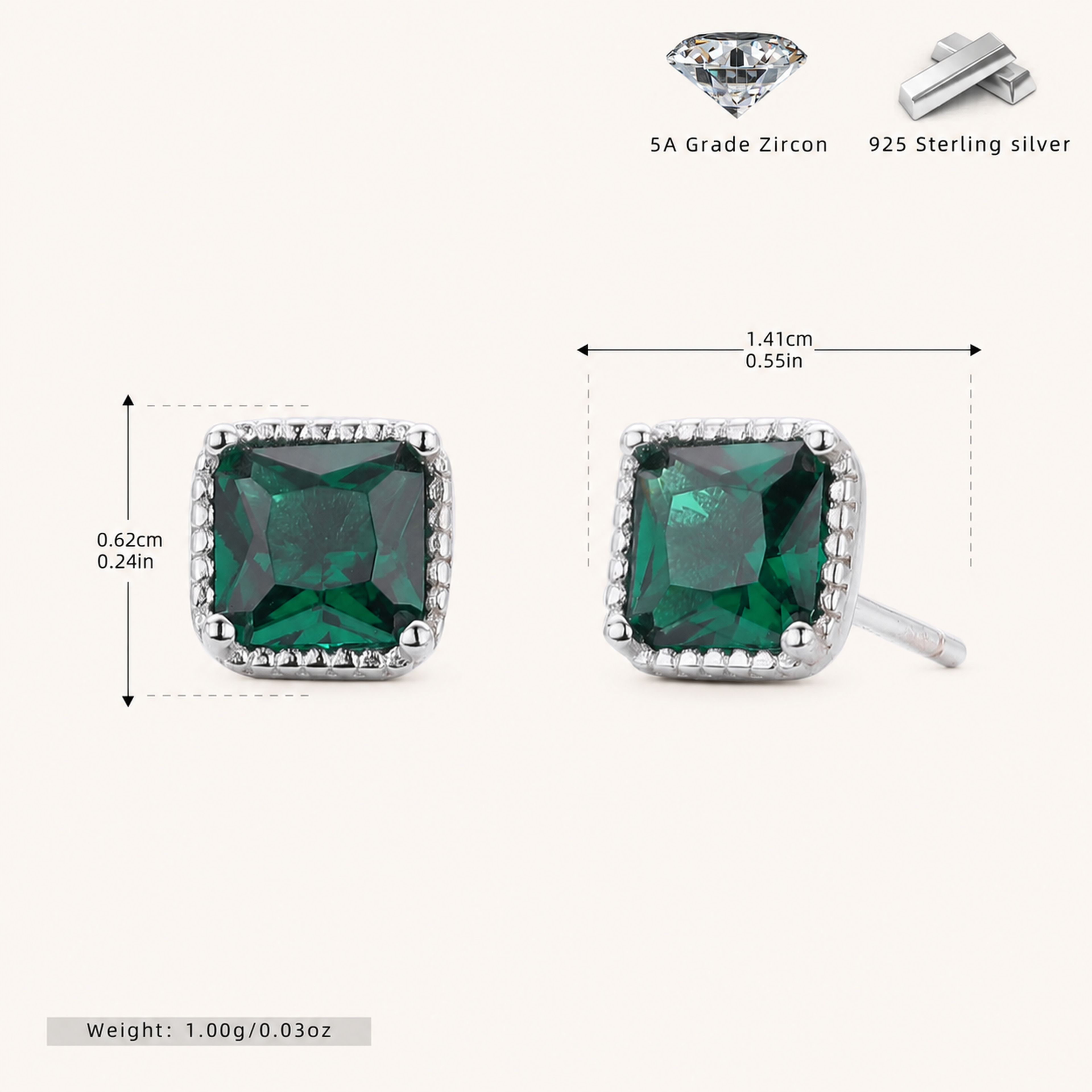 Sterling Silver Square Emerald-Green Zirconia Stud Earrings - Platinum