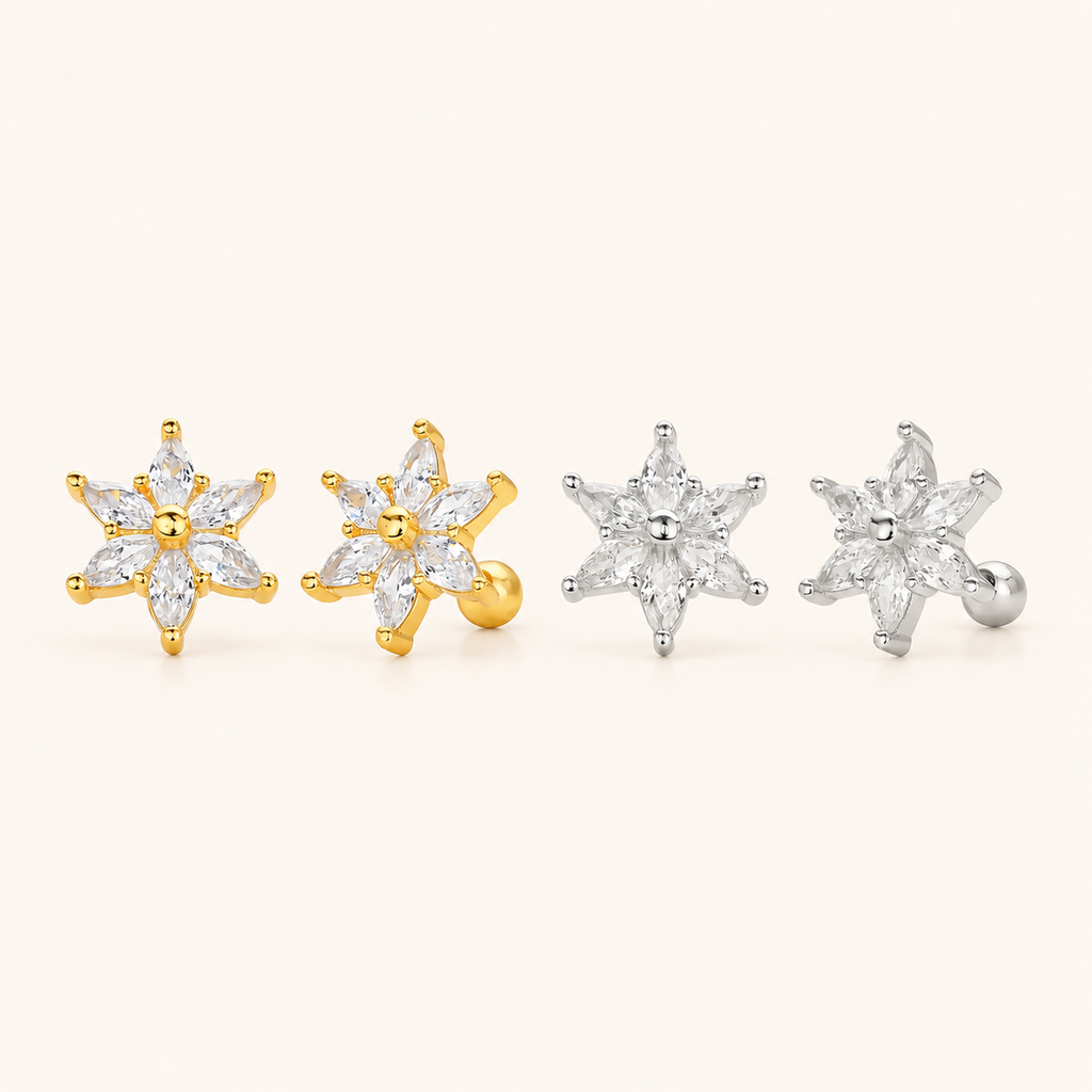 Sterling Silver Zirconia Flower Flat Back Earrings
