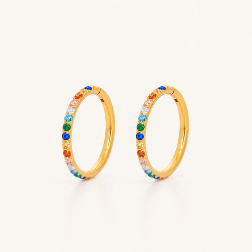 Rainbow Crystal Titanium Hoop Earrings - Gold