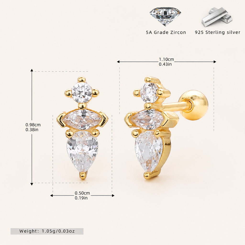 Sterling Silver Teardrop Zirconia Flat Back Earrings - Gold