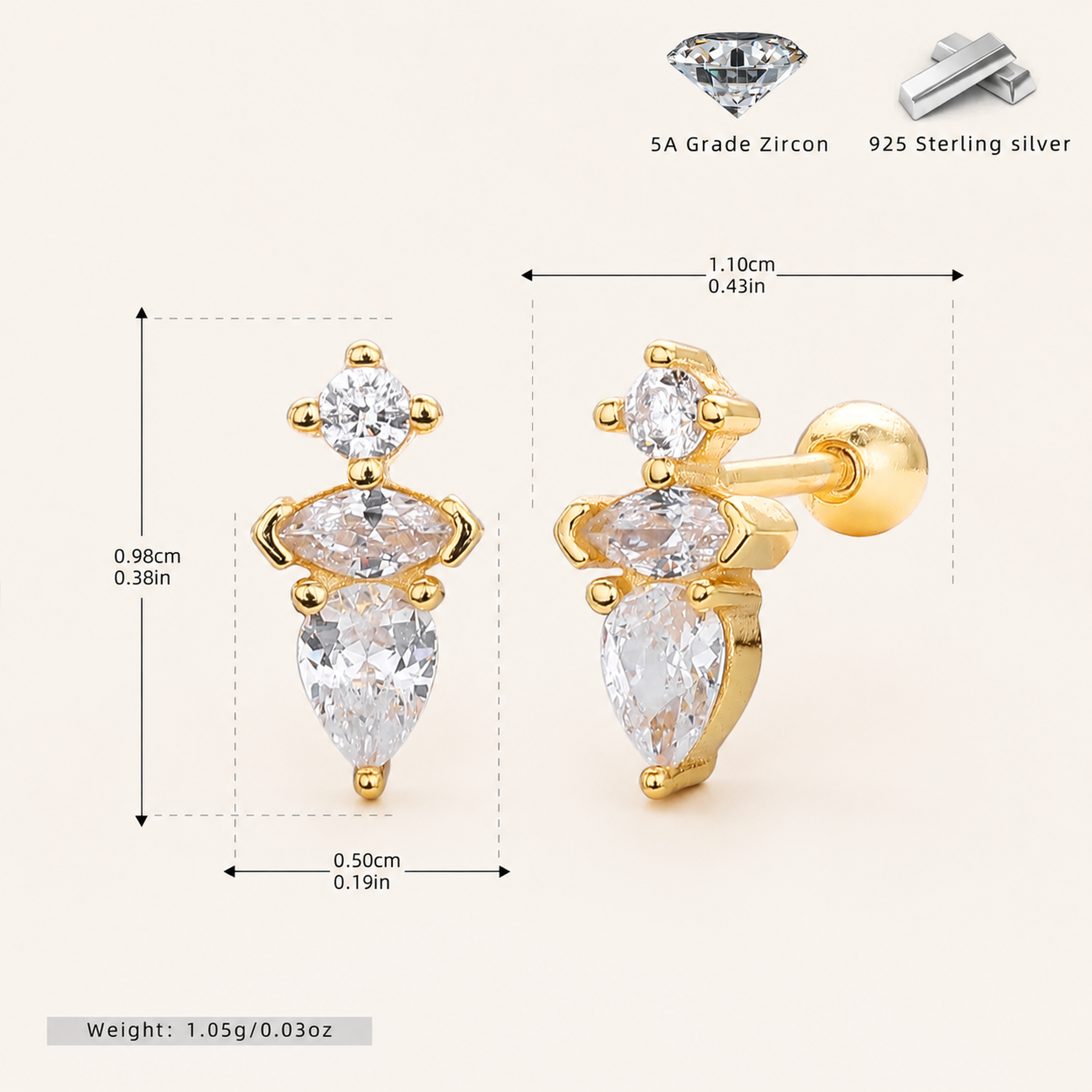 Sterling Silver Teardrop Zirconia Flat Back Earrings - Gold
