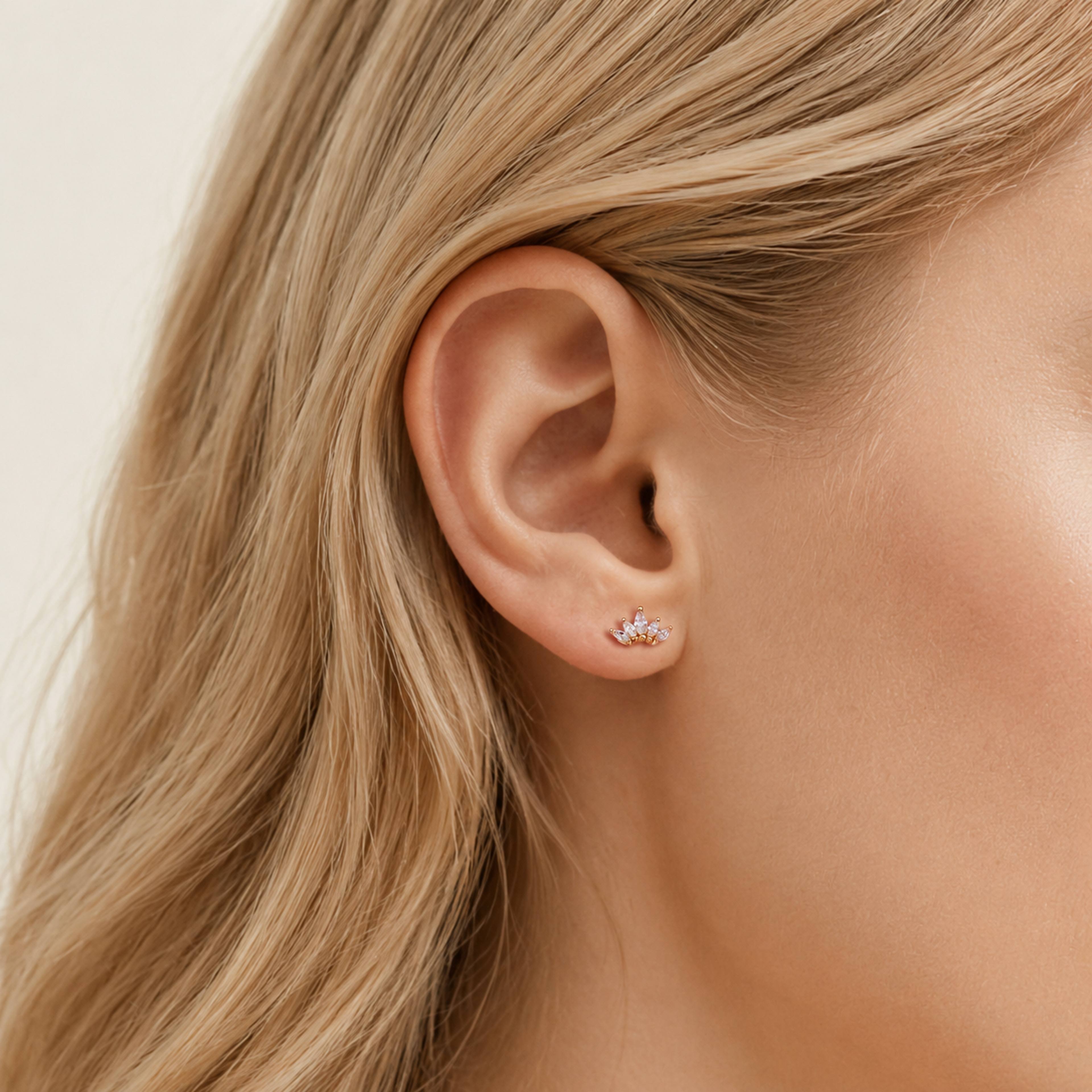 Sterling Silver Zirconia Crown Flat Back Earrings worn on the ear