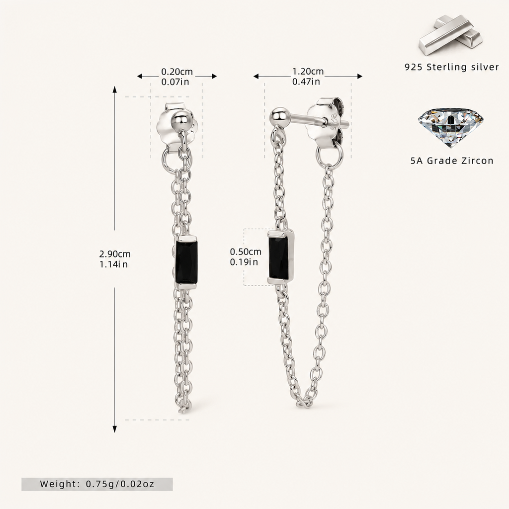 Sterling Silver Multicolor Zirconia Chain Drop Stud Earrings - Platinum / Black