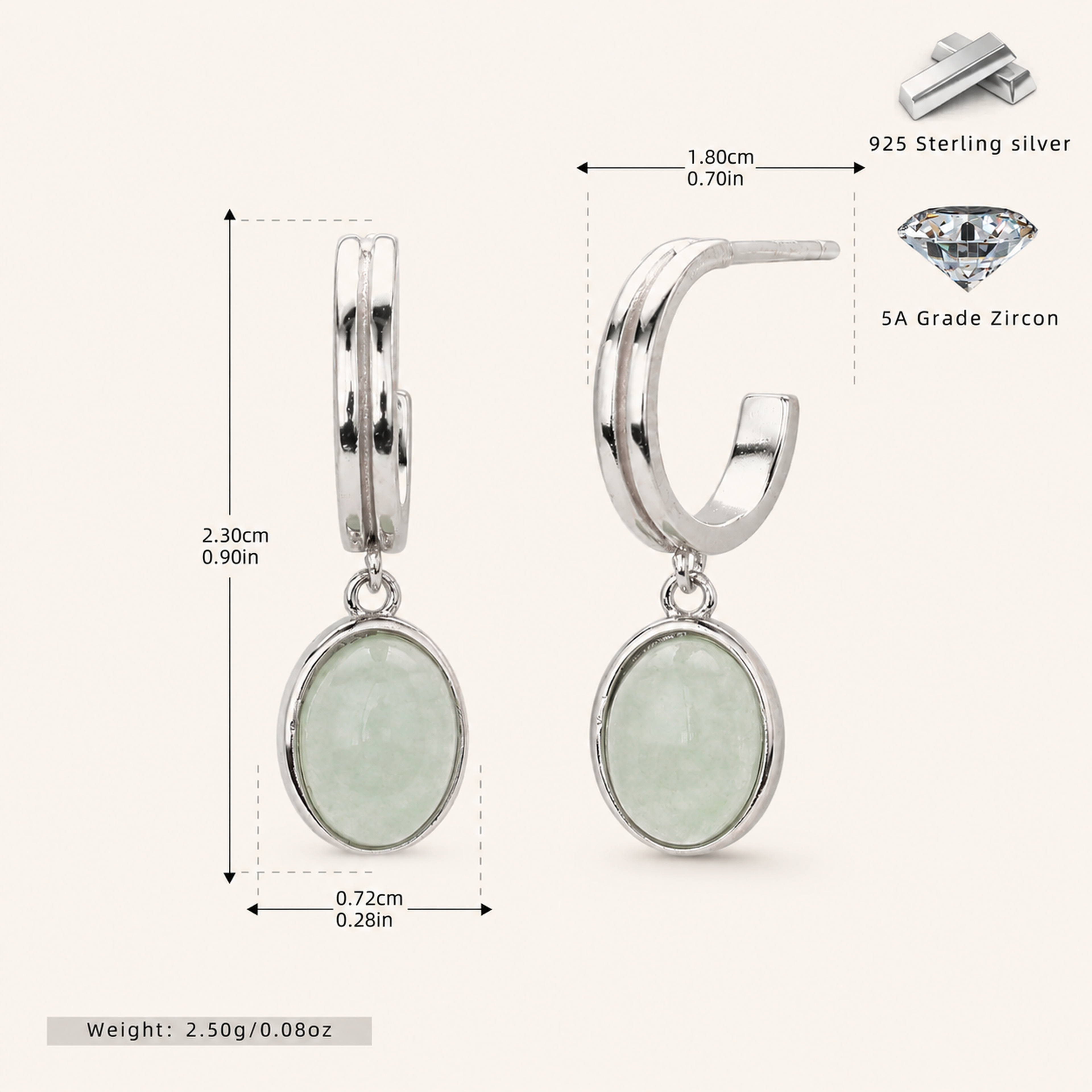 Sterling Silver Aventurine Jade Drop Stud Earrings - Platinum