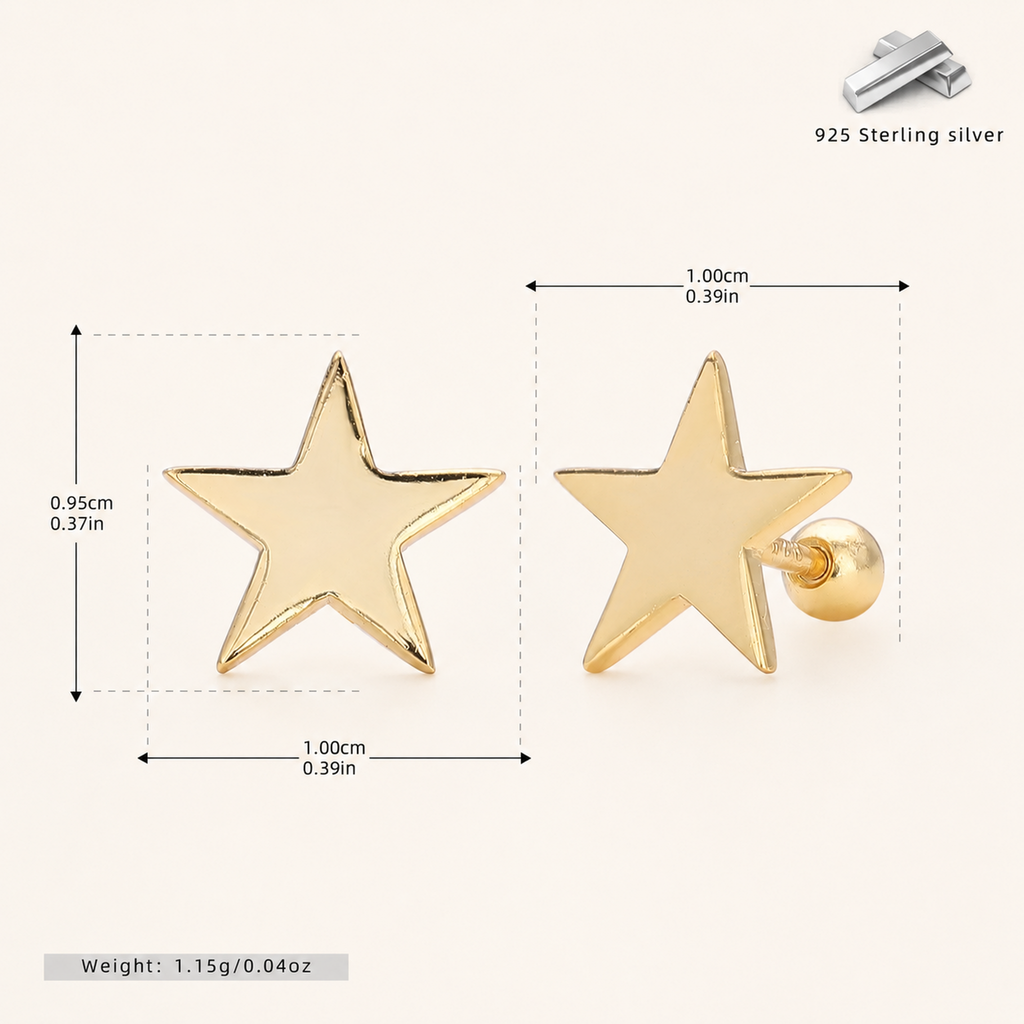 Sterling Silver Five-Point Star Flat Back Earrings - Gold