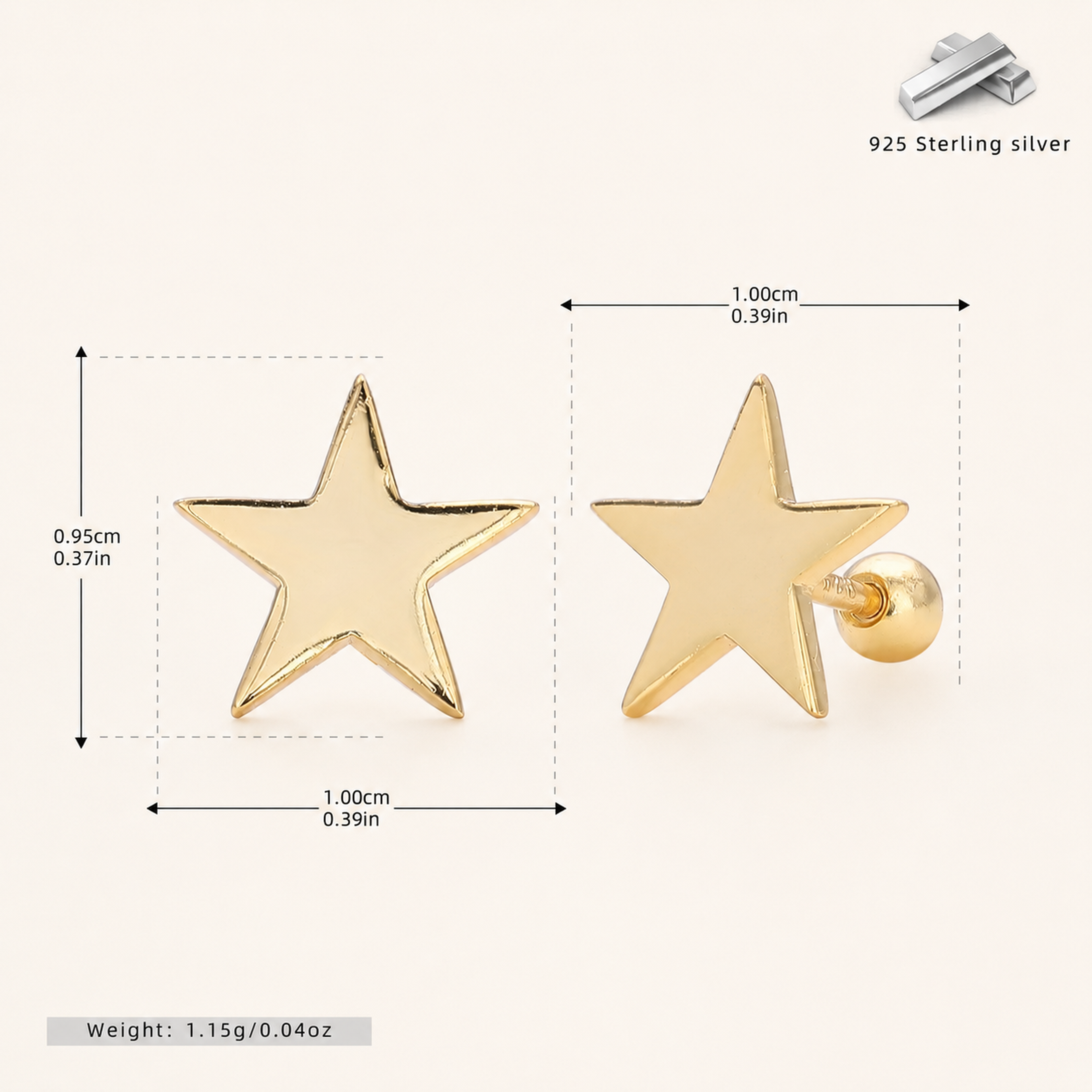 Sterling Silver Five-Point Star Flat Back Earrings - Gold