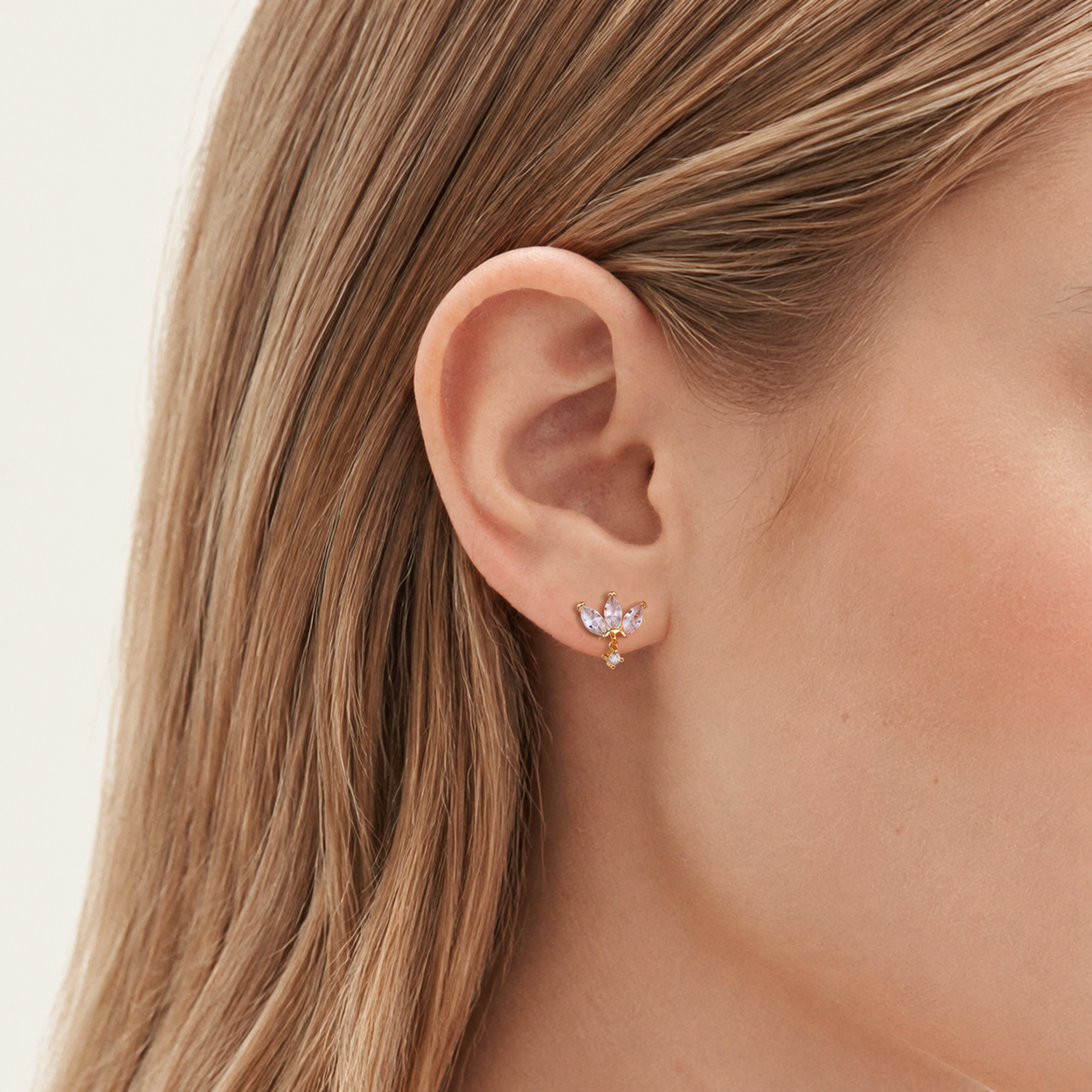 Sterling Silver Zirconia Crown Flat Back Earrings worn on the ear