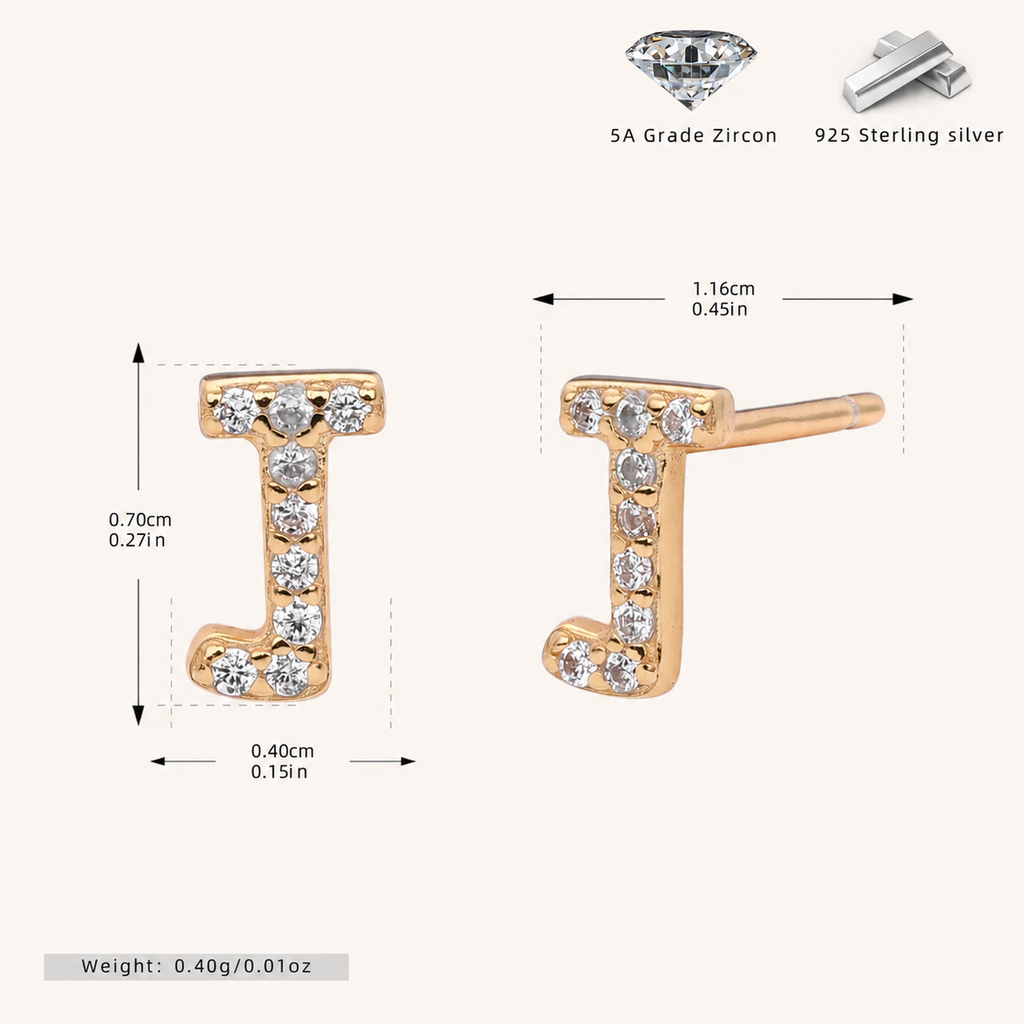 Sterling Silver Pave Initial Letter Stud Earrings - Gold / J