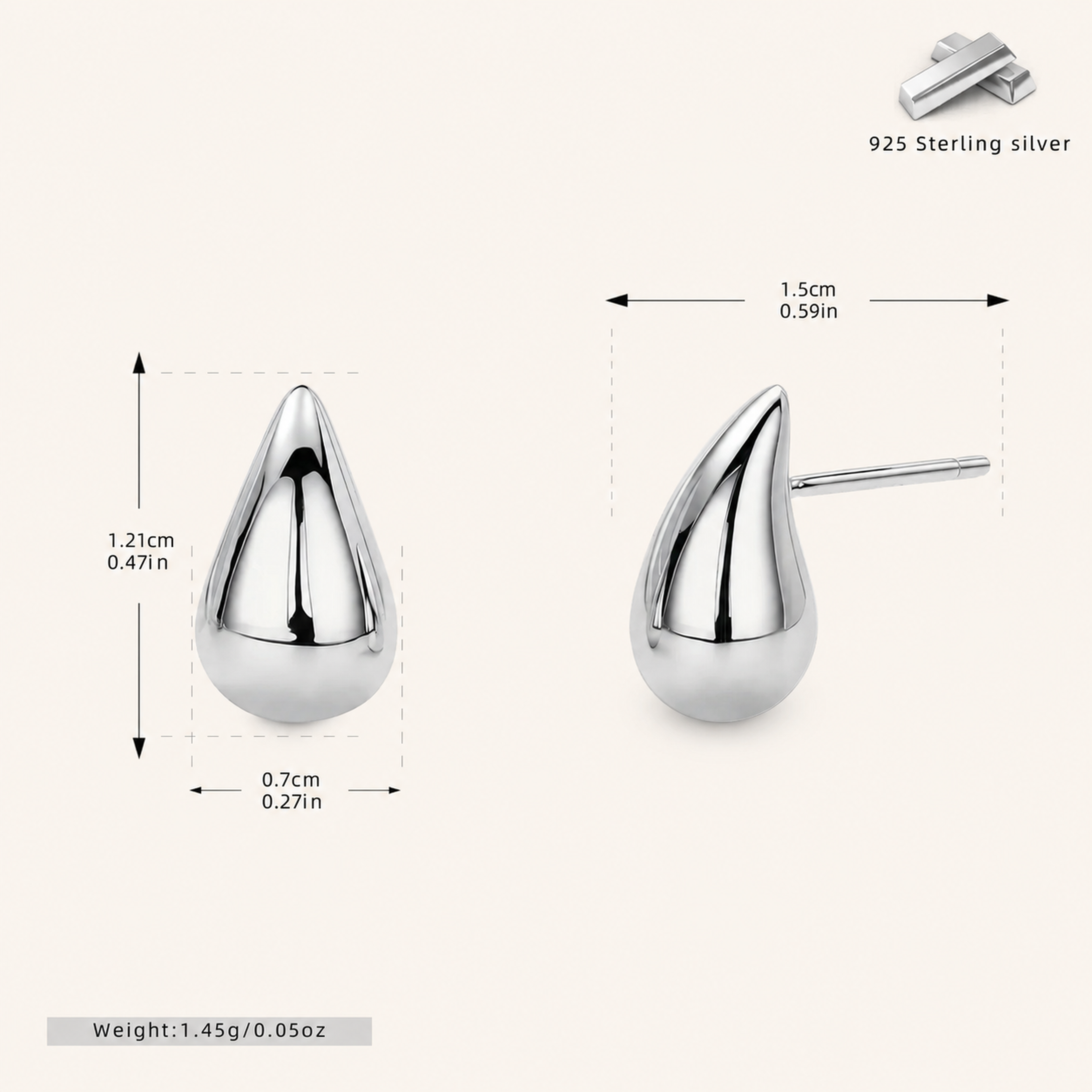 Sterling Silver Teardrop Stud Earrings - Platinum / Small
