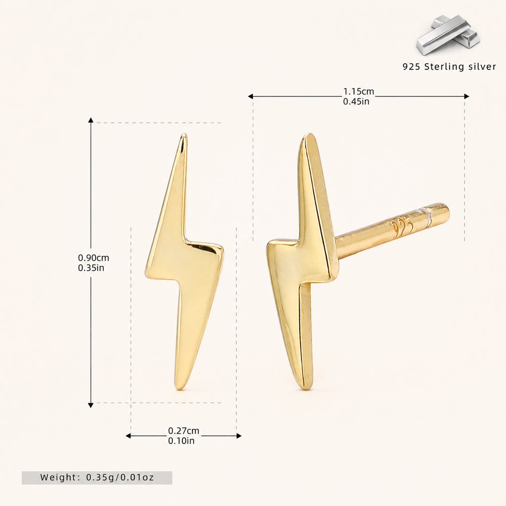 Sterling Silver Lightning Bolt Stud Earrings - Gold
