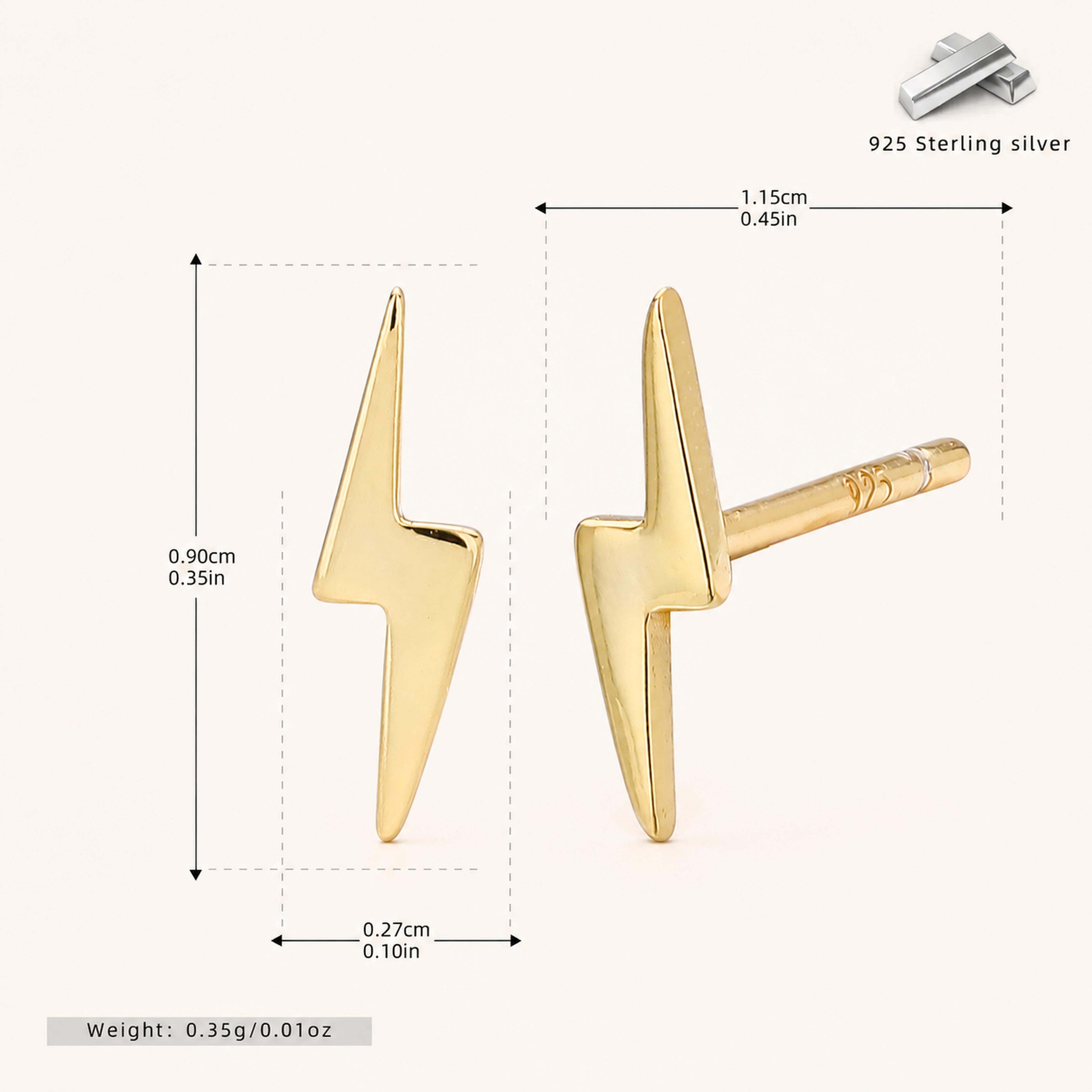 Sterling Silver Lightning Bolt Stud Earrings - Gold