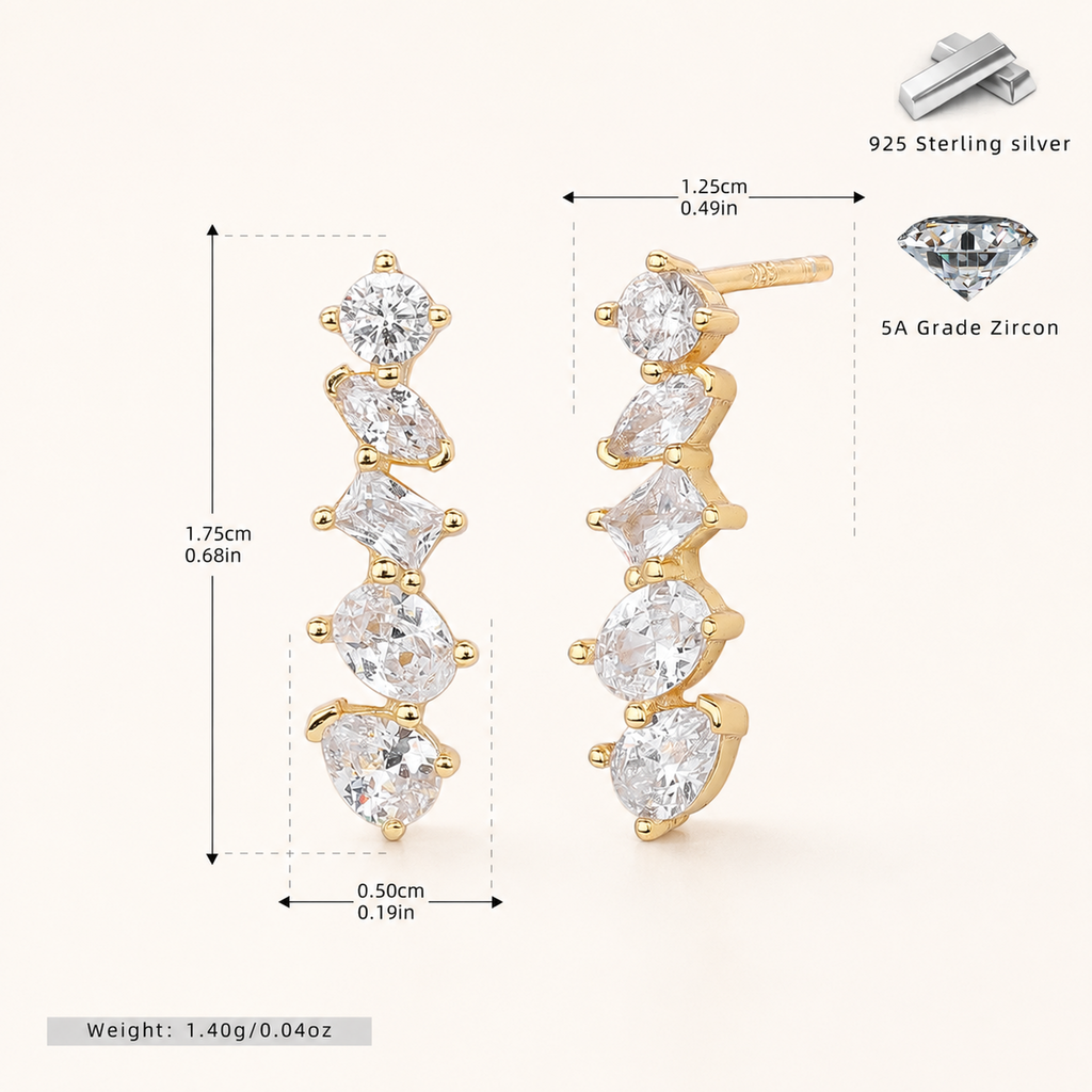 Sterling Silver Zirconia Chain Drop Stud Earrings - Gold