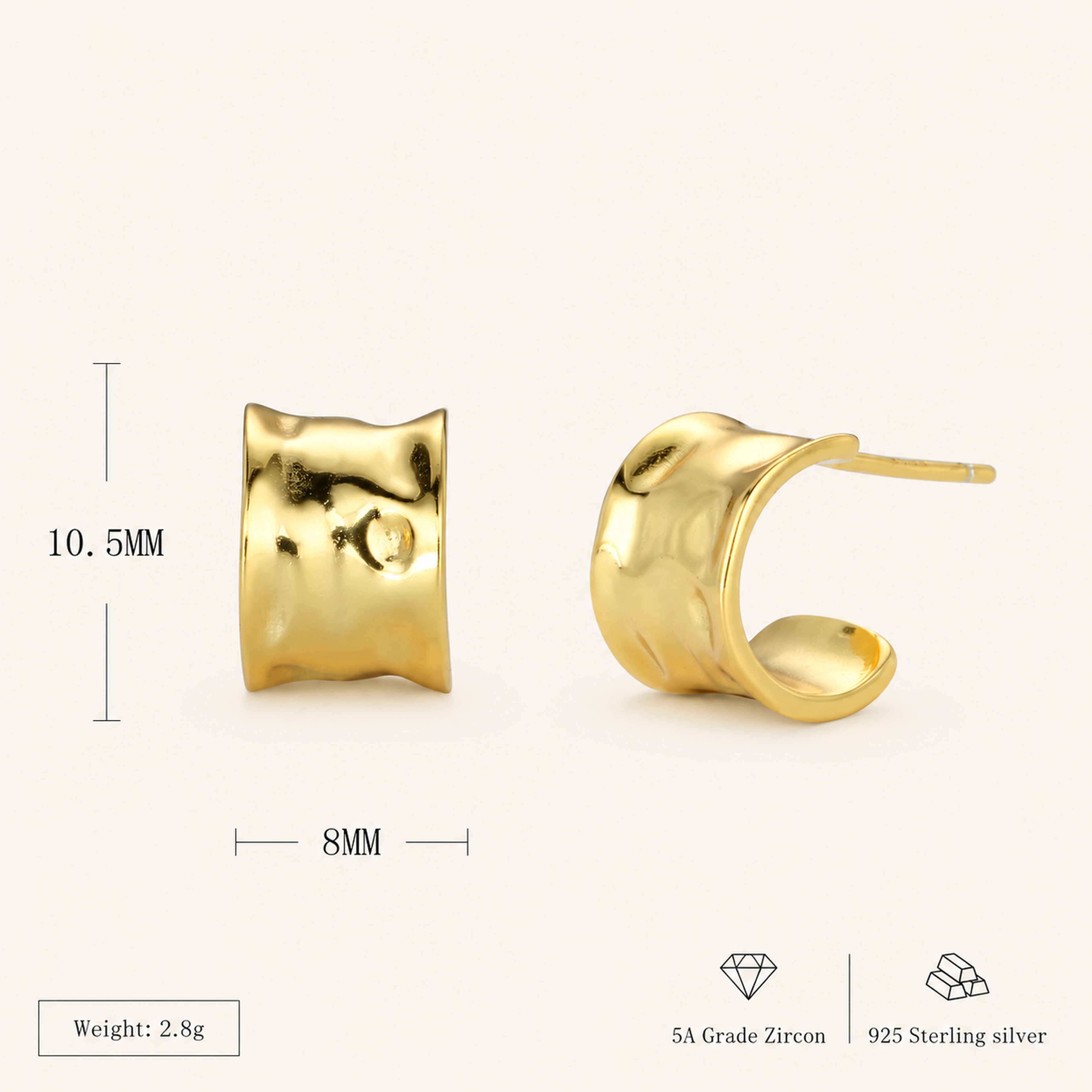Sterling Silver Chunky C-Shape Hoop Earrings - Gold